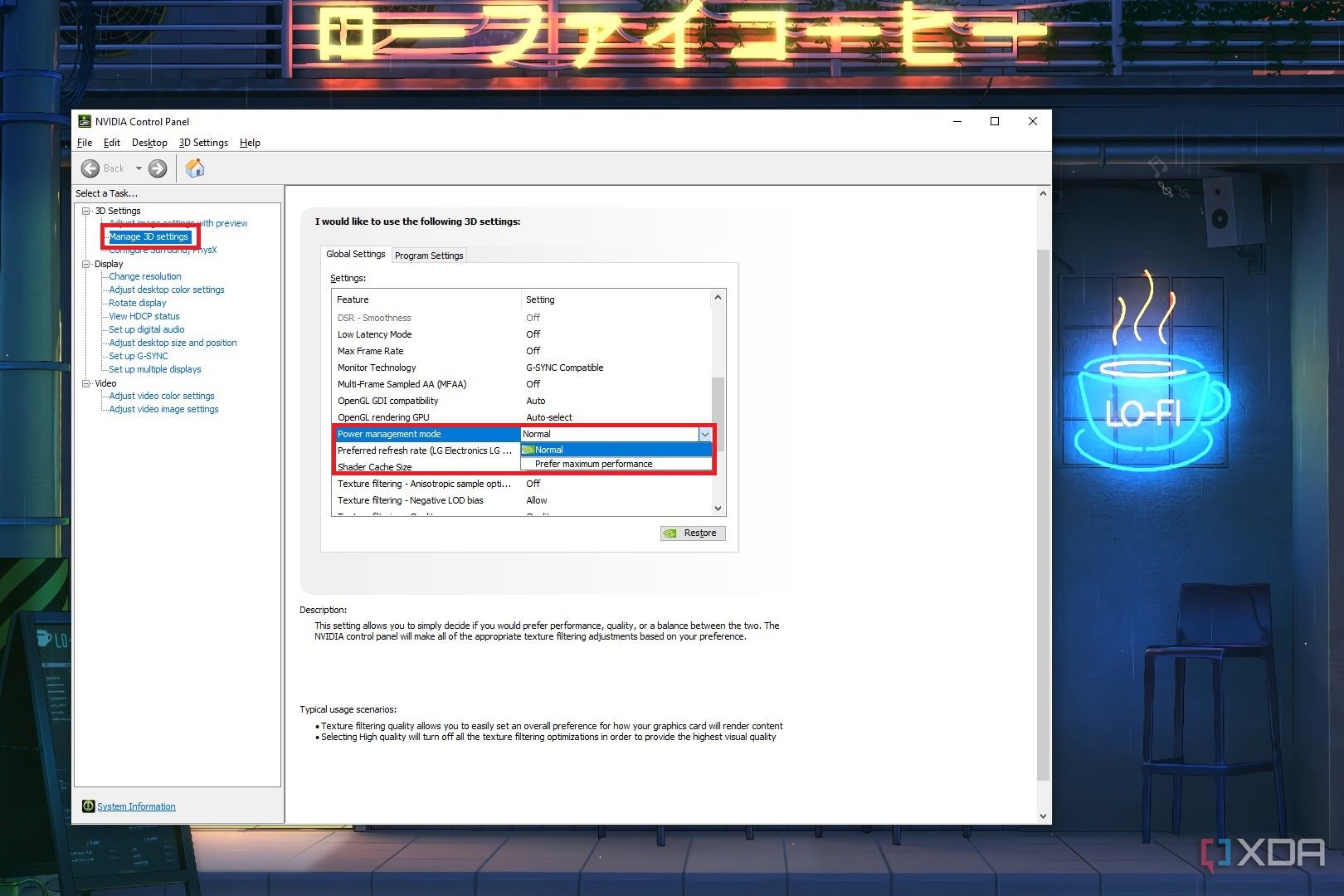 Captura de pantalla del Panel de control de Nvidia que muestra los modos de administración de energía