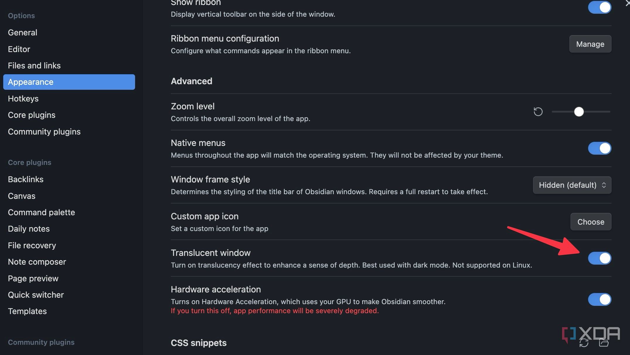 Enable translucent window in Obsidian