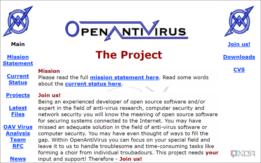 Captura de pantalla de la página web principal del Proyecto OpenAntivirus