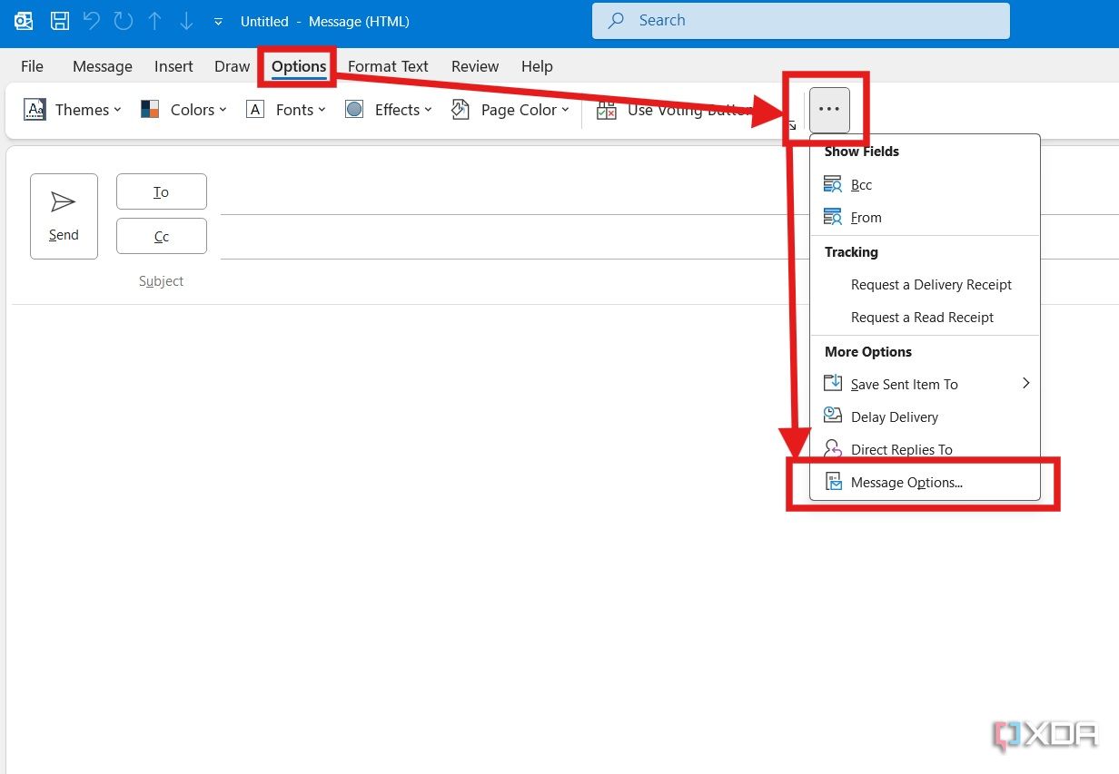 menú de opciones de mensajes clásicos de outlook 2