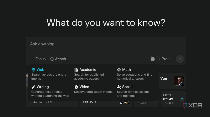 Perplexity AI's Focus Mode interface displaying options like Web, Academic, and Social focus, allowing users to tailor search results by source type.