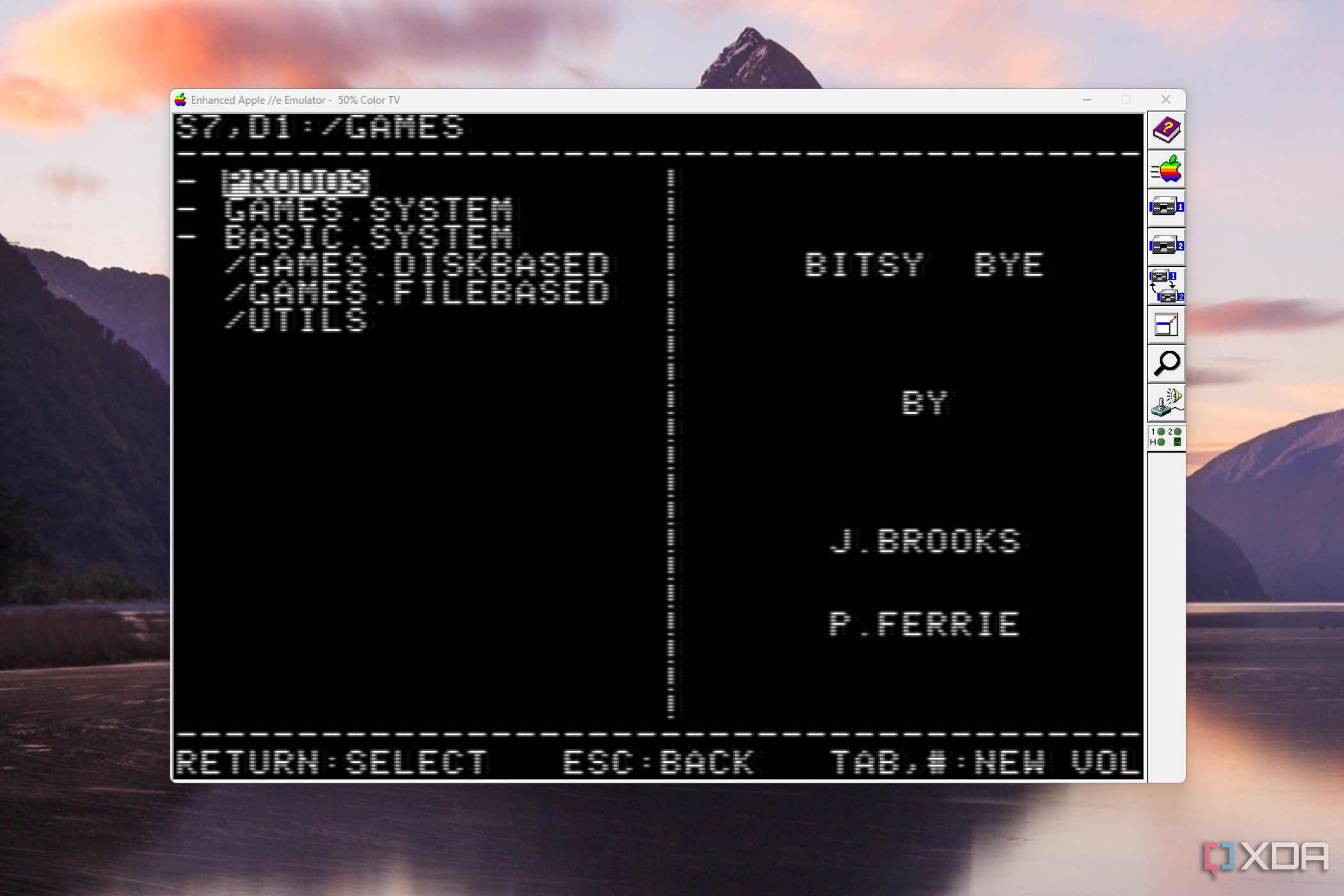 Prodos muestra el lanzador de programas Bitsy Bye ejecutándose en un emulador