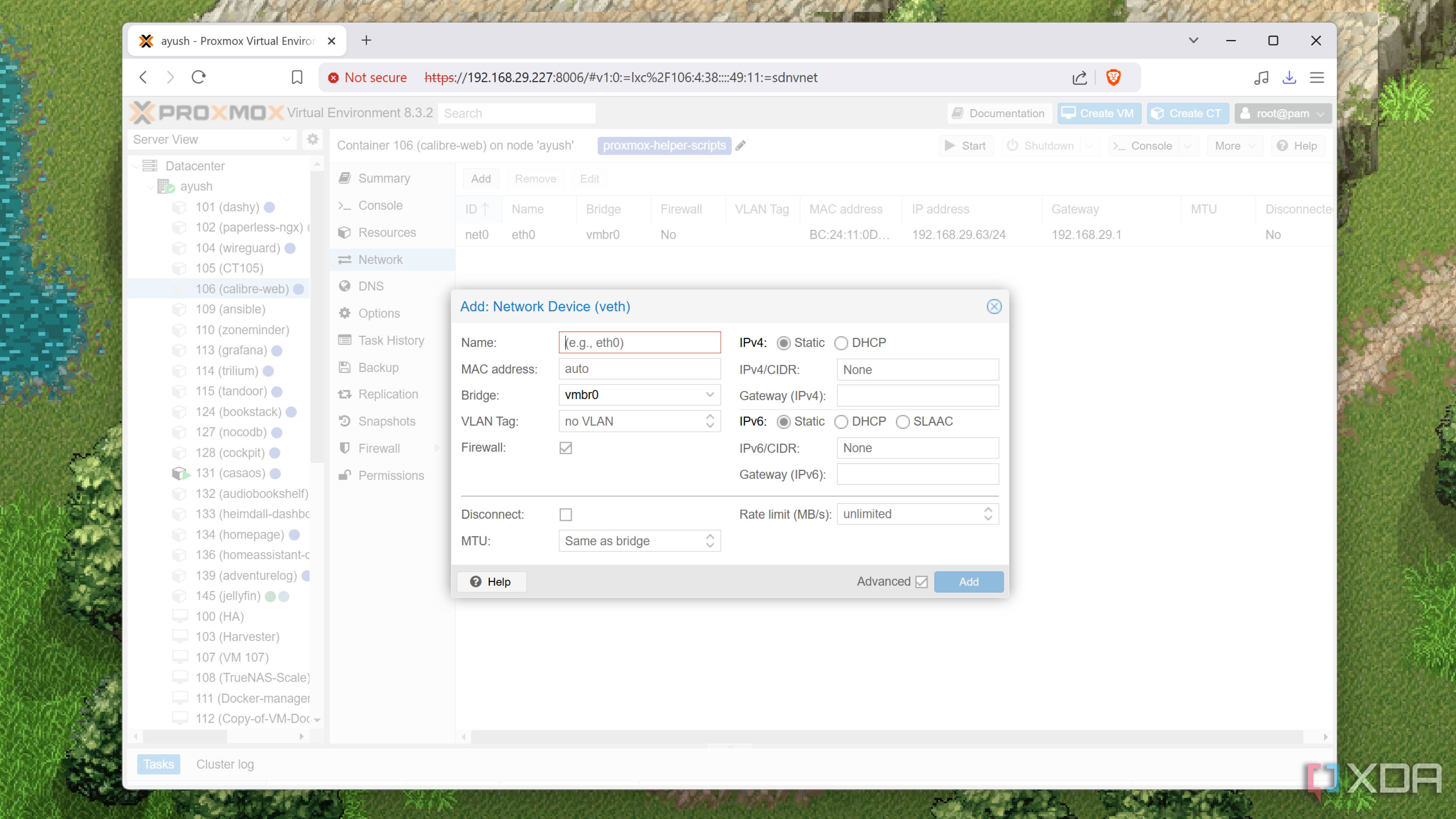 Configuring network settings inside Proxmox