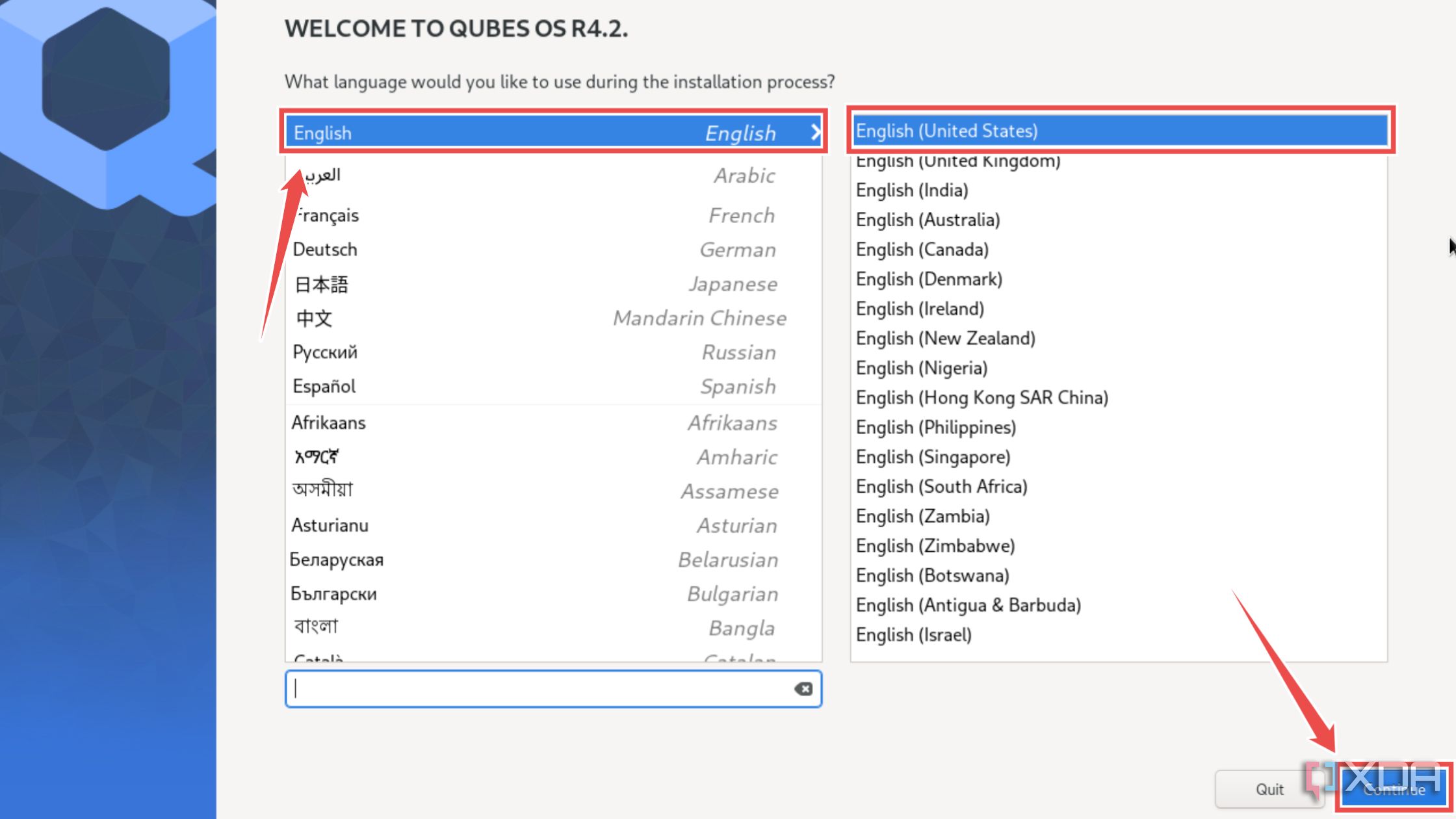 Cómo elegir el idioma en el asistente de instalación de Qubes OS