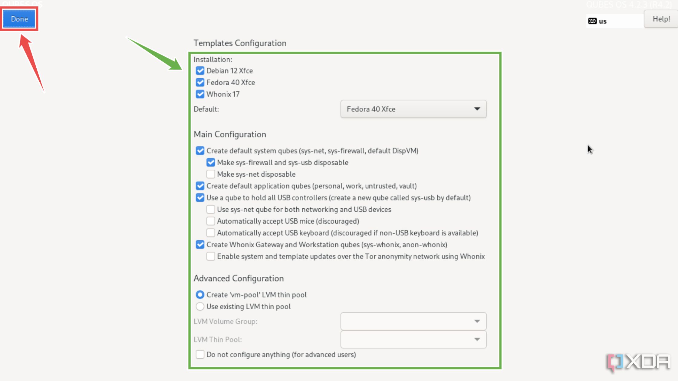 Modificación de las opciones de configuración del sistema operativo Qubes