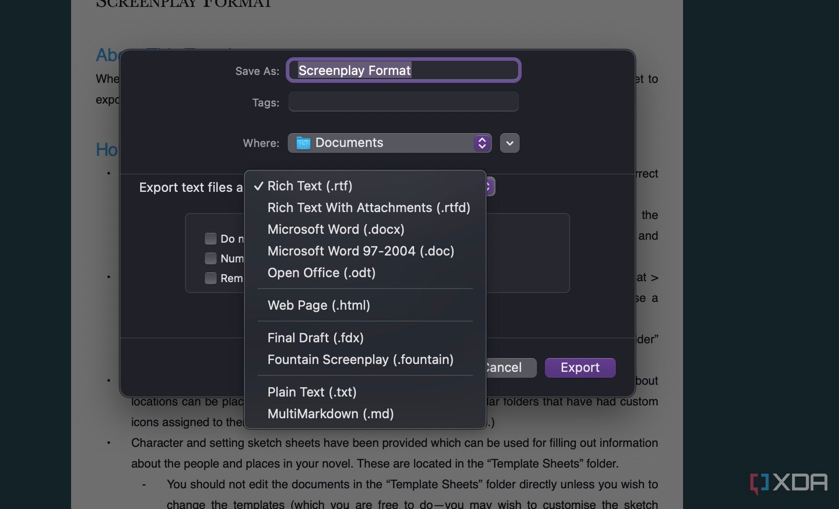 Opciones de exportación de Scrivener