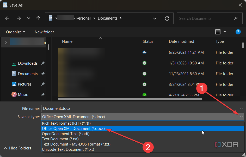 saveing the document with the docx extension