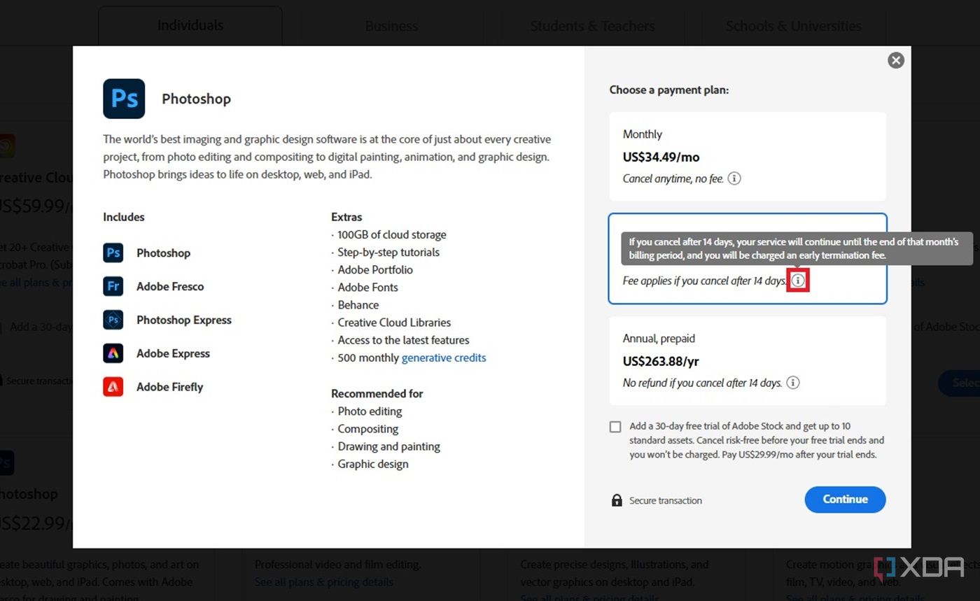 Página de planes y precios de Adobe para Photoshop, con la tarifa de cancelación resaltada