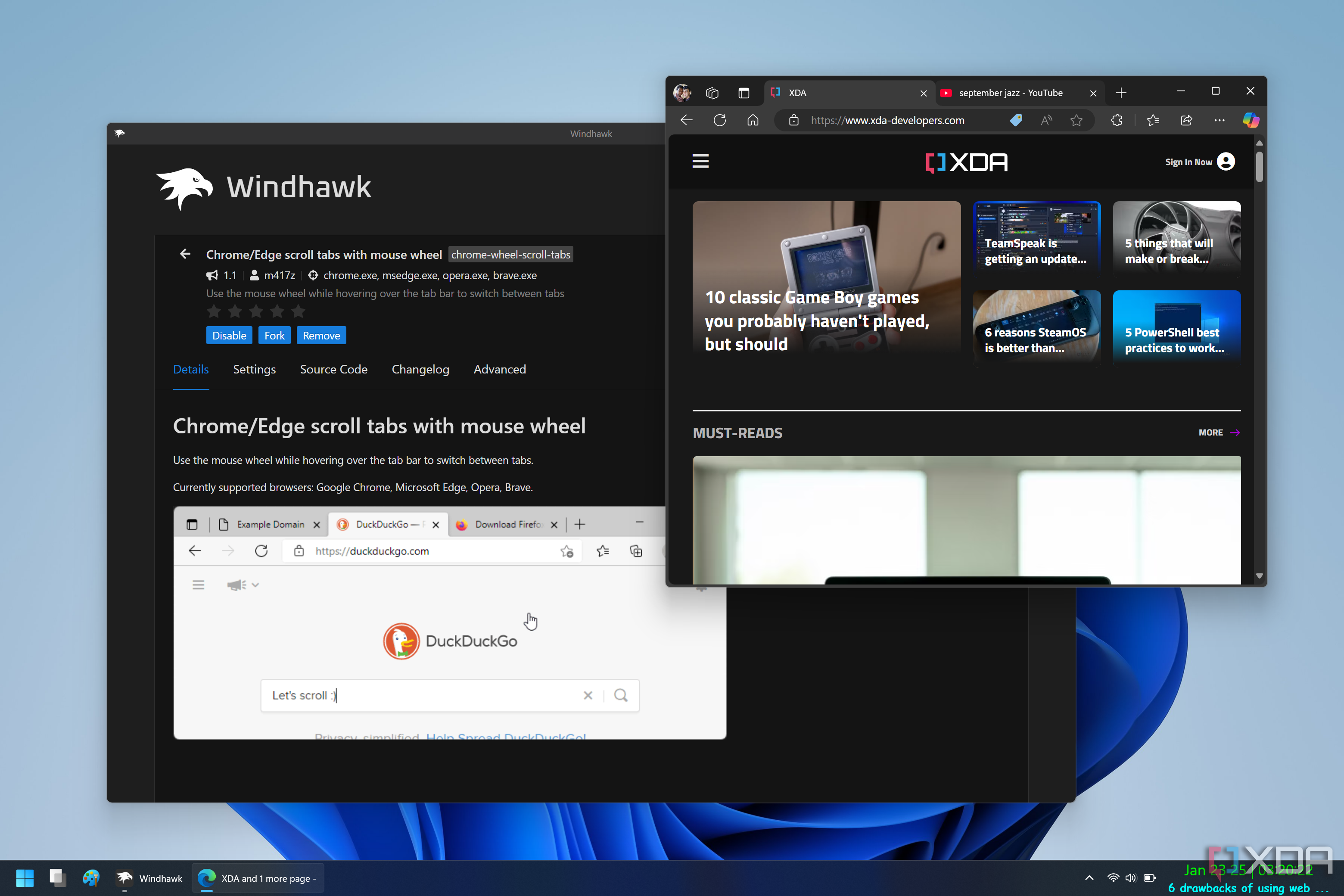 Captura de pantalla de una ventana de Windhawk y Microsoft Edge. La ventana de Windhawk muestra un mod que permite usar la rueda de desplazamiento para cambiar entre pestañas en Edge