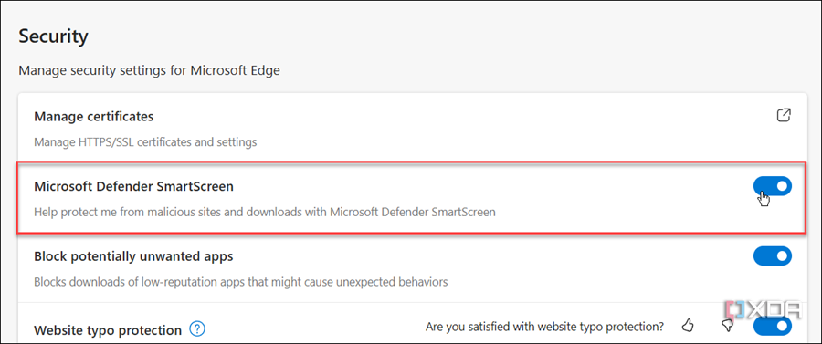 mostrando cómo activar la pantalla inteligente de Microsoft Defender en Edge en Windows