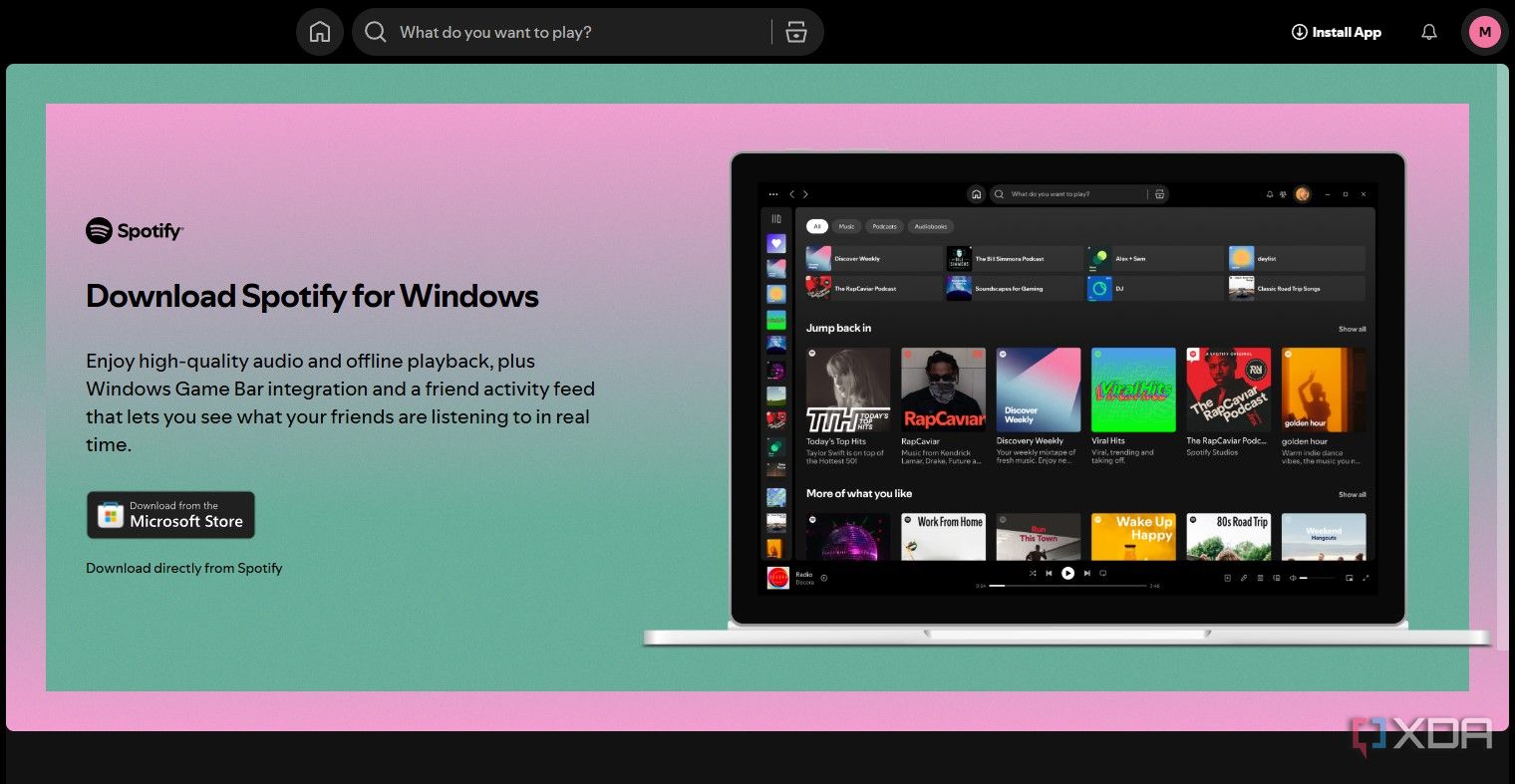 Pantalla del reproductor web de Spotify que muestra los beneficios de la aplicación de Windows