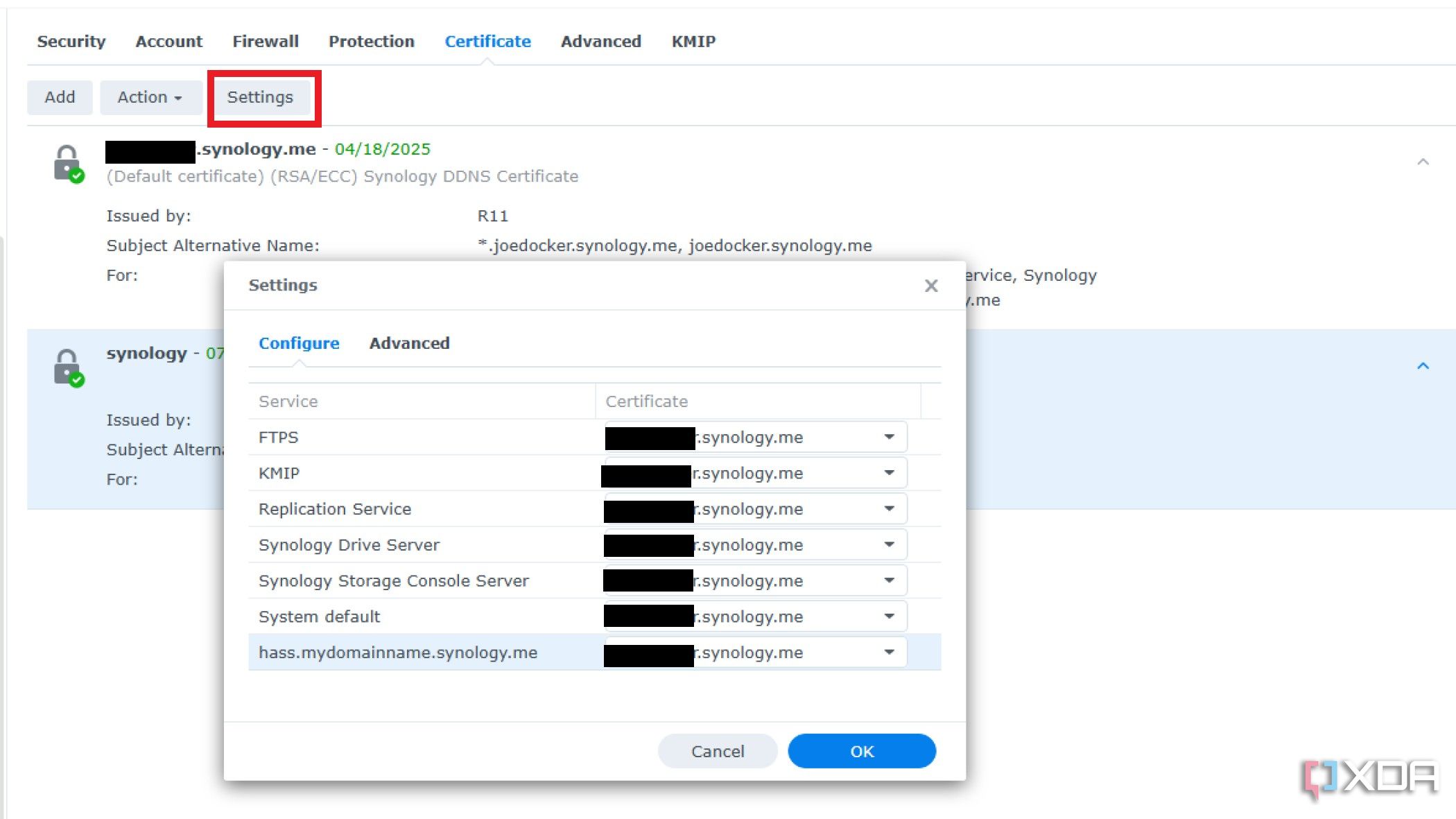 Captura de pantalla de la configuración del certificado SSL en Synology