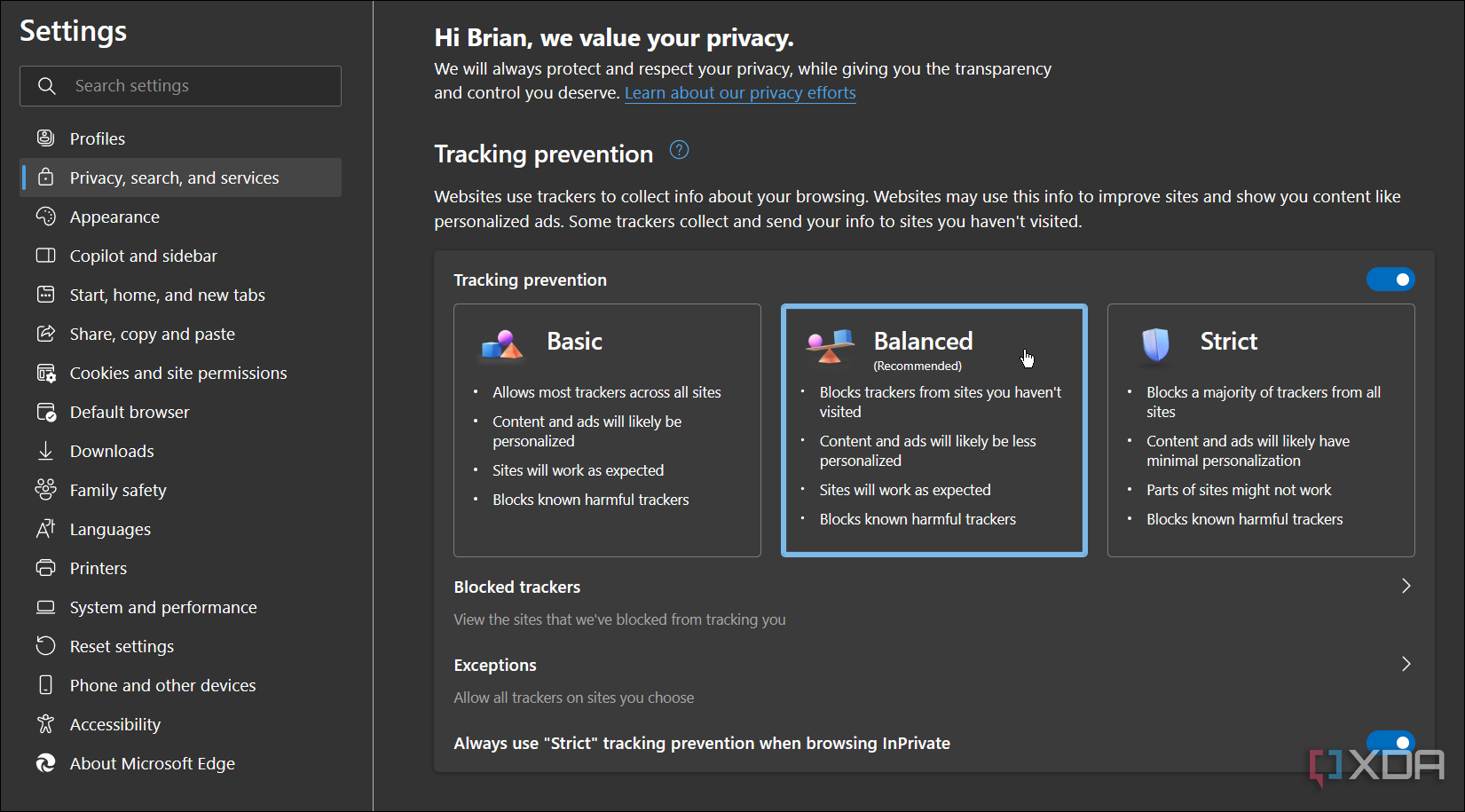 Captura de pantalla que muestra la configuración de prevención de seguimiento en Microsoft Edge