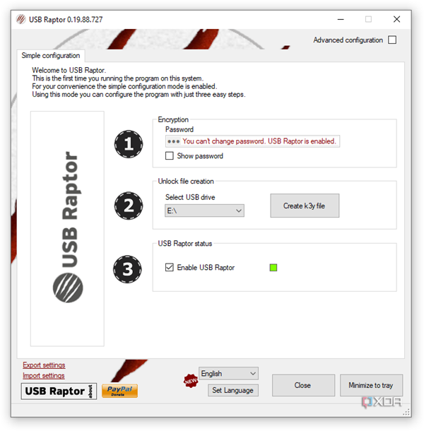 screenshot of USB Raptor initial simple set up process