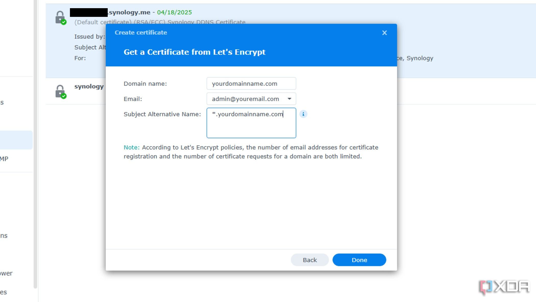 Captura de pantalla de cómo completar la certificación comodín SSL en Synology