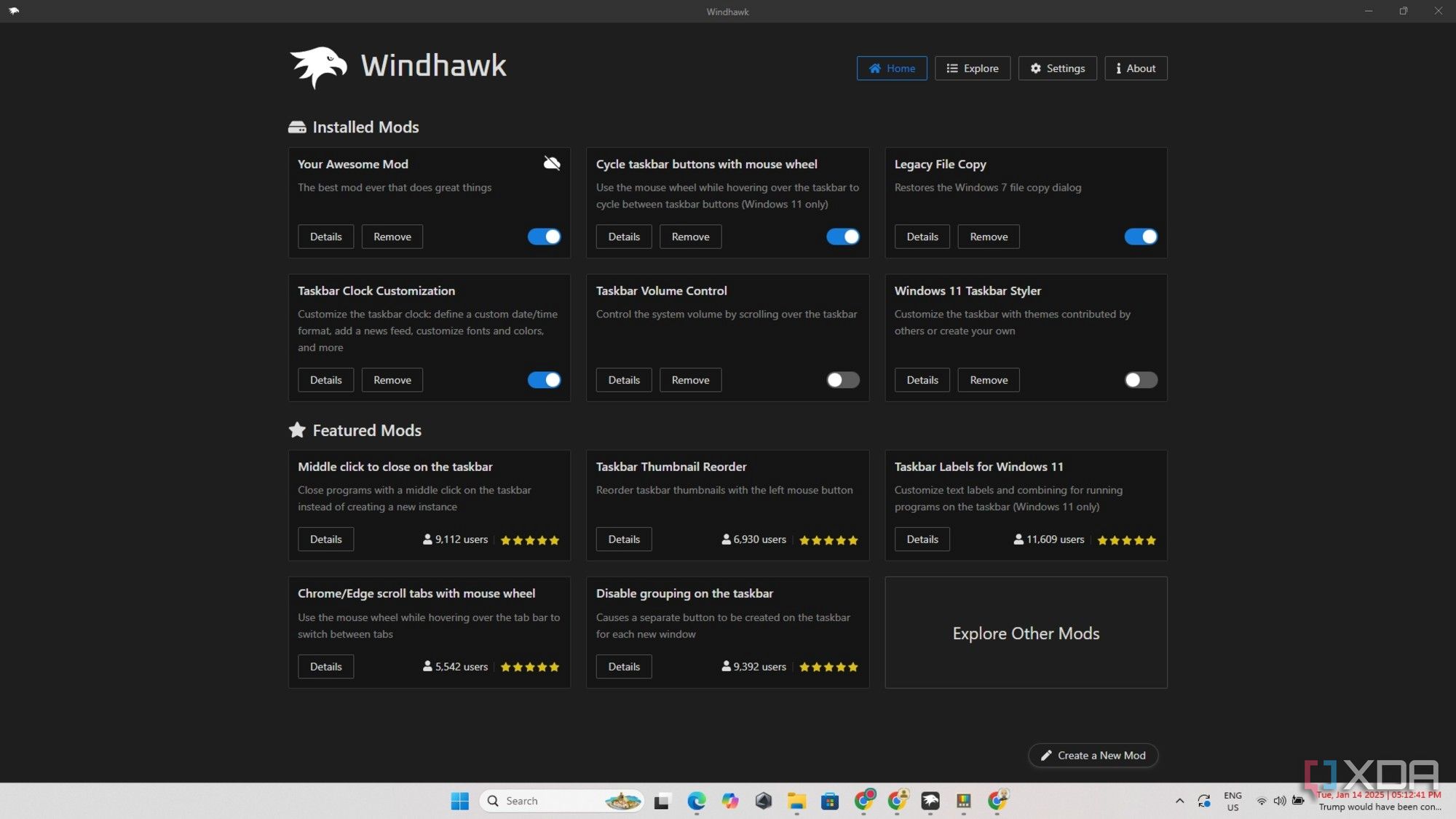 Pantalla de inicio de Windhawk