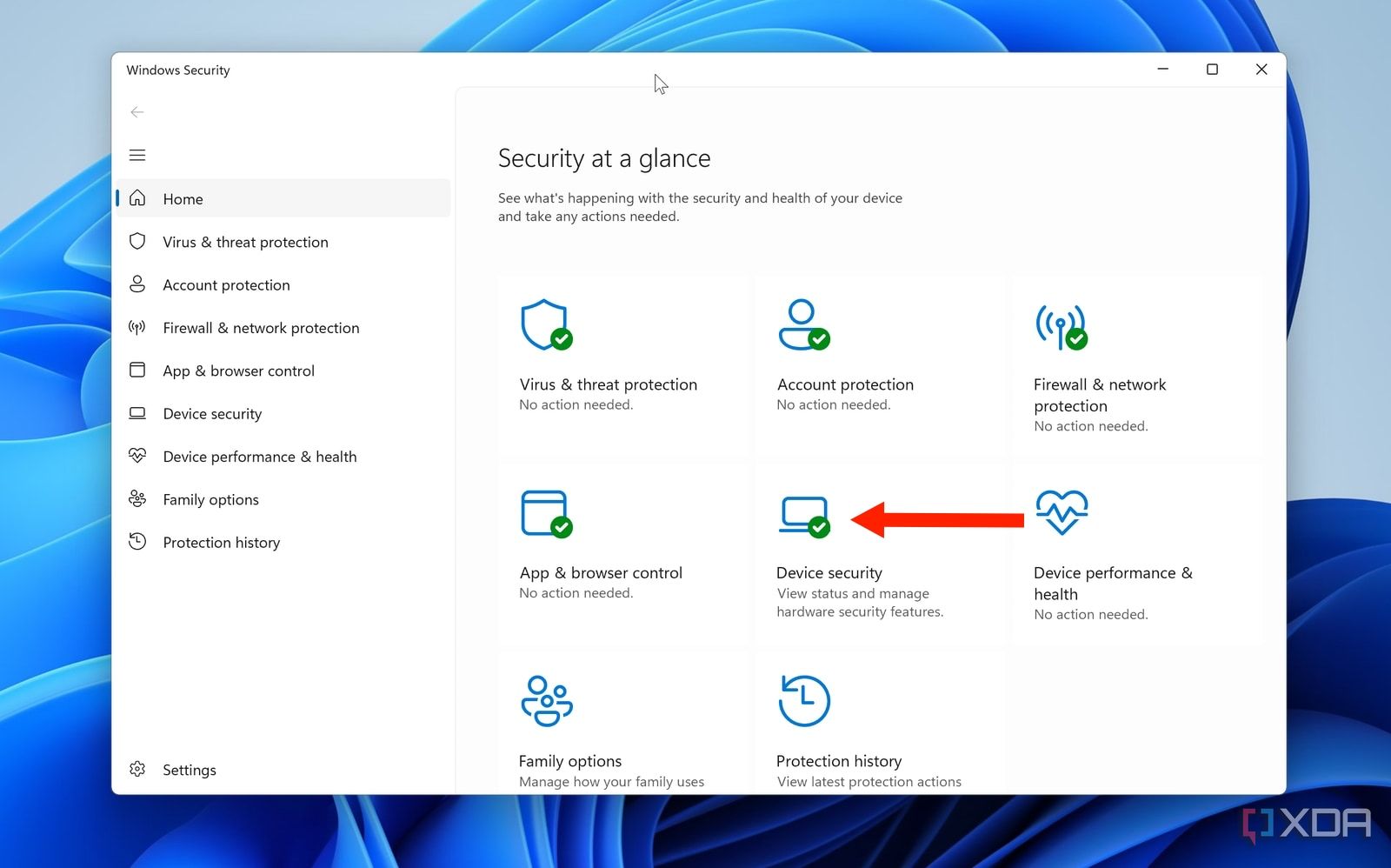 Navegar a la sección Seguridad del dispositivo en la aplicación Seguridad de Windows