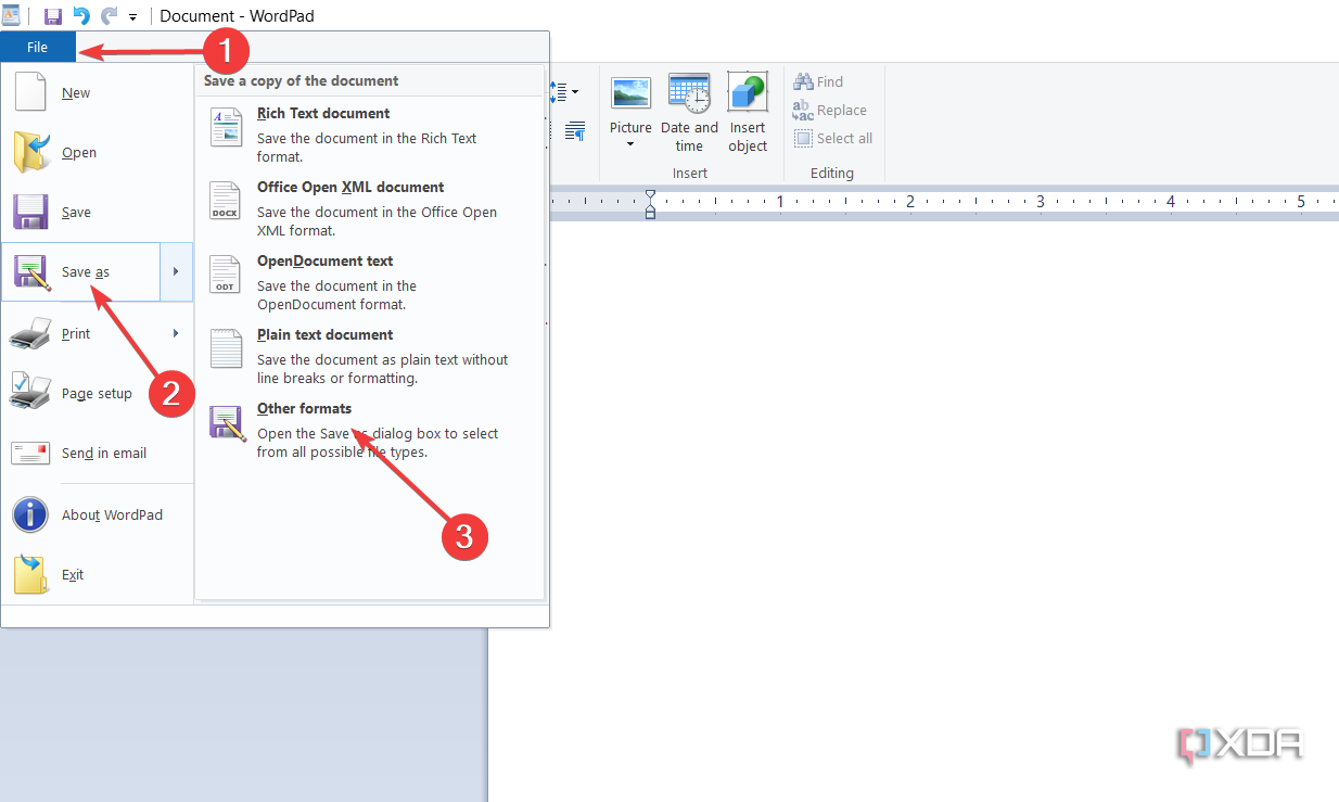 saving the document in another format in WordPad