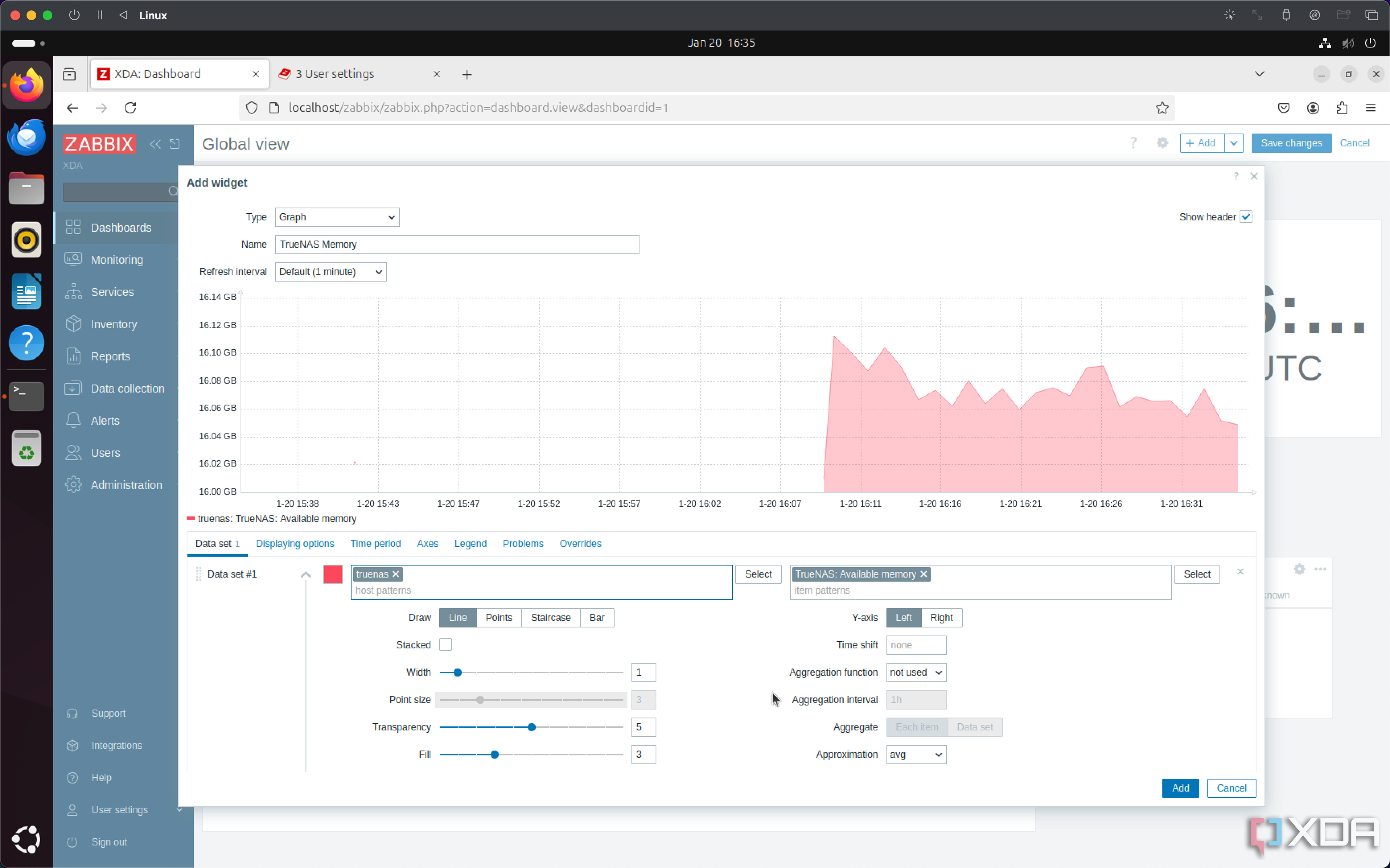 Panel de control de Zabbix TrueNAS que incorpora un widget de uso de memoria