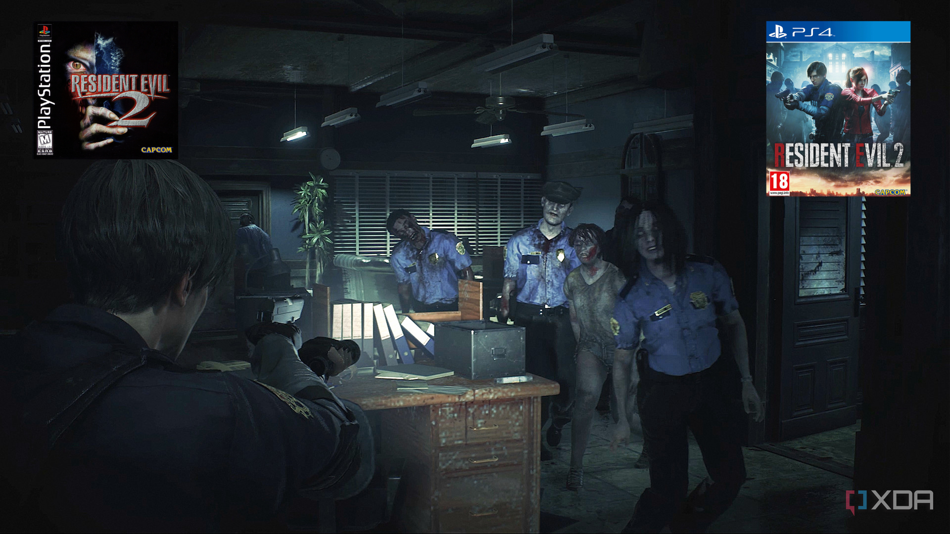 Leon shooting zombies in RE 2 remake