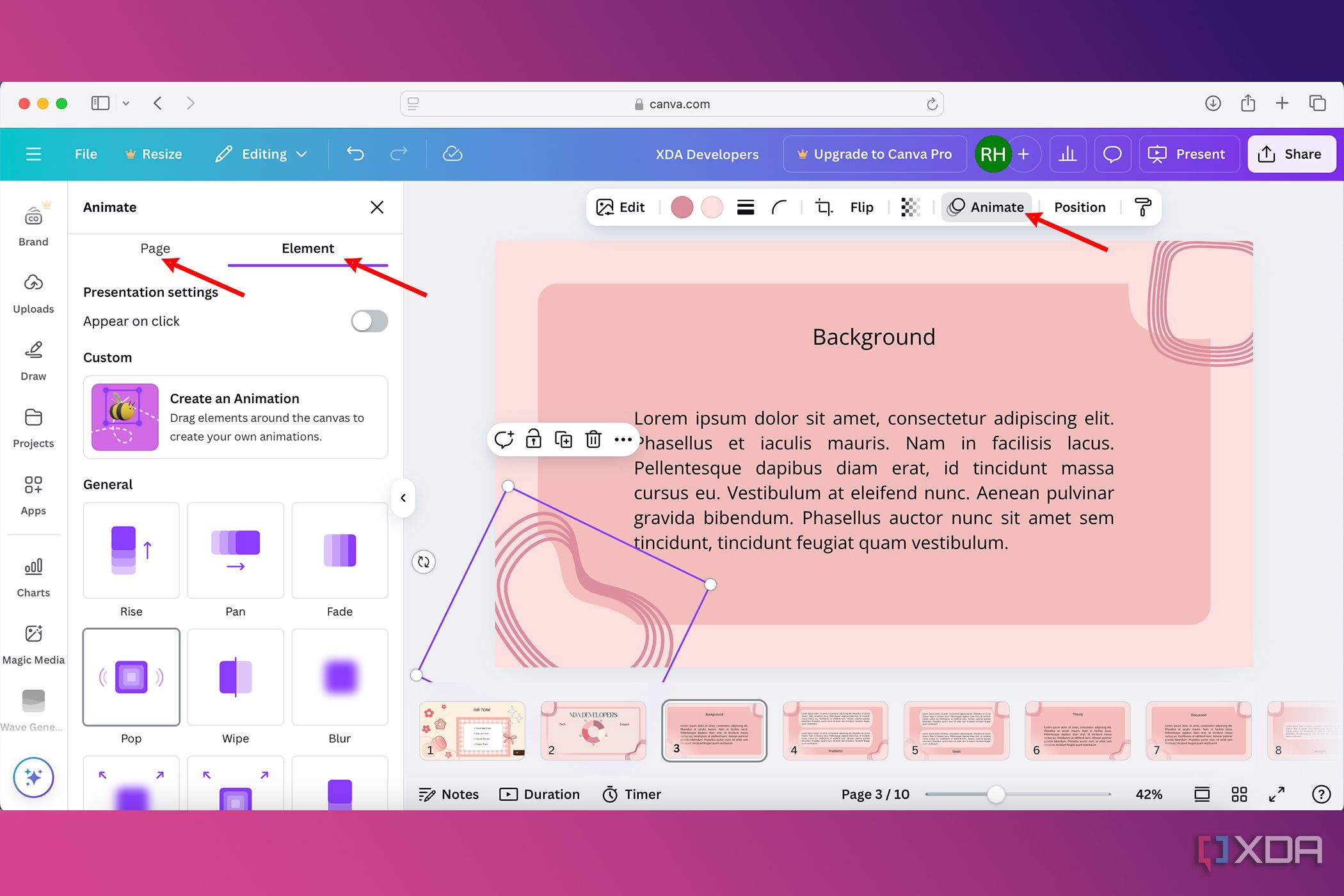 Canva animation menus and settings