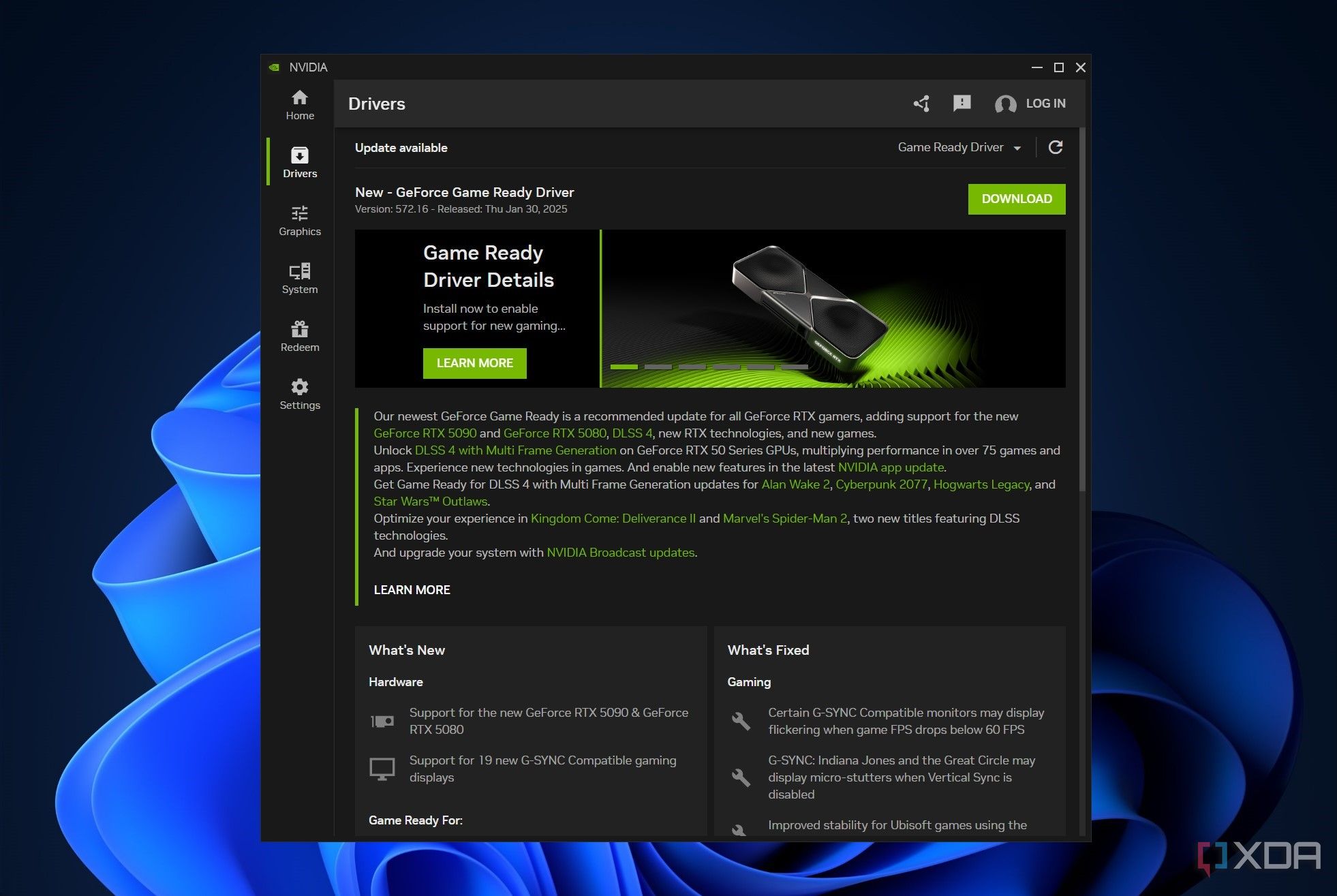 a driver update in the nvidia app