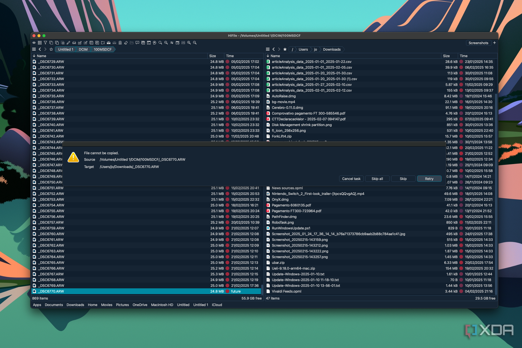 Screenshot of HiFile on macOS showing an error indicating that a file can't be moved from an external device to internal storage