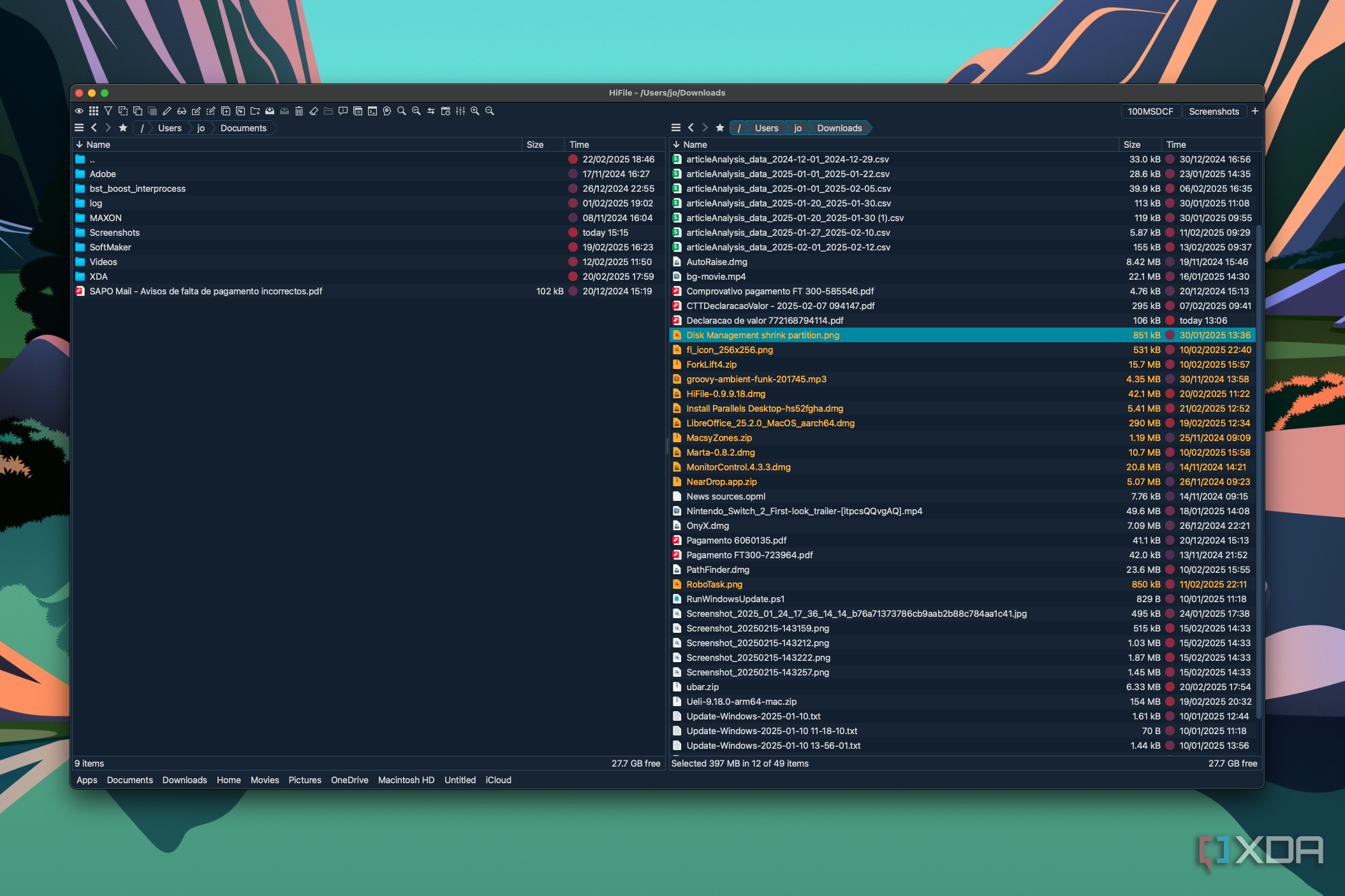 Screenshot of HiFile on macOS showing a view with multiple files selected, where selected files have their text in yellow rather than white