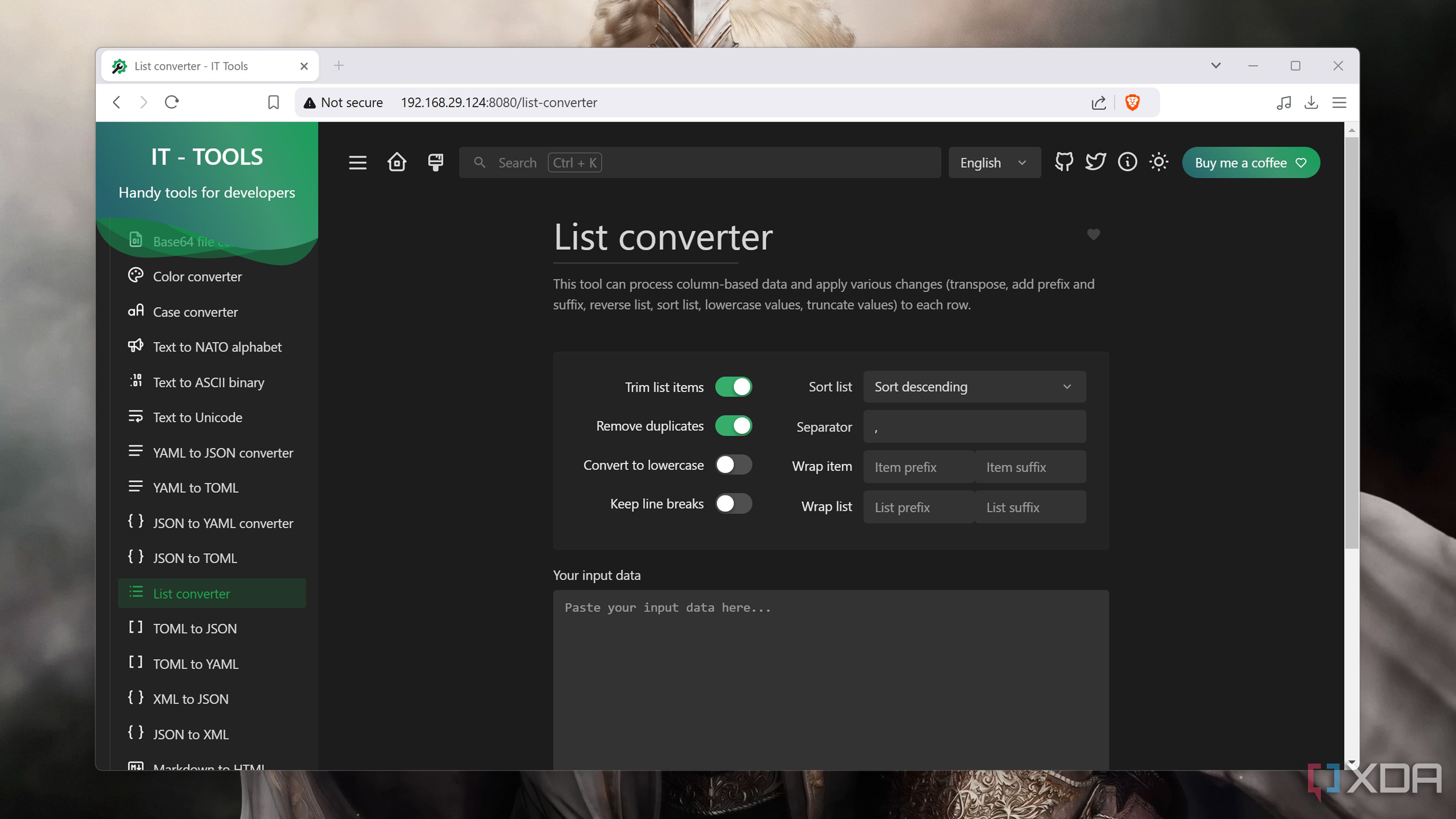 The List converter in IT Tools