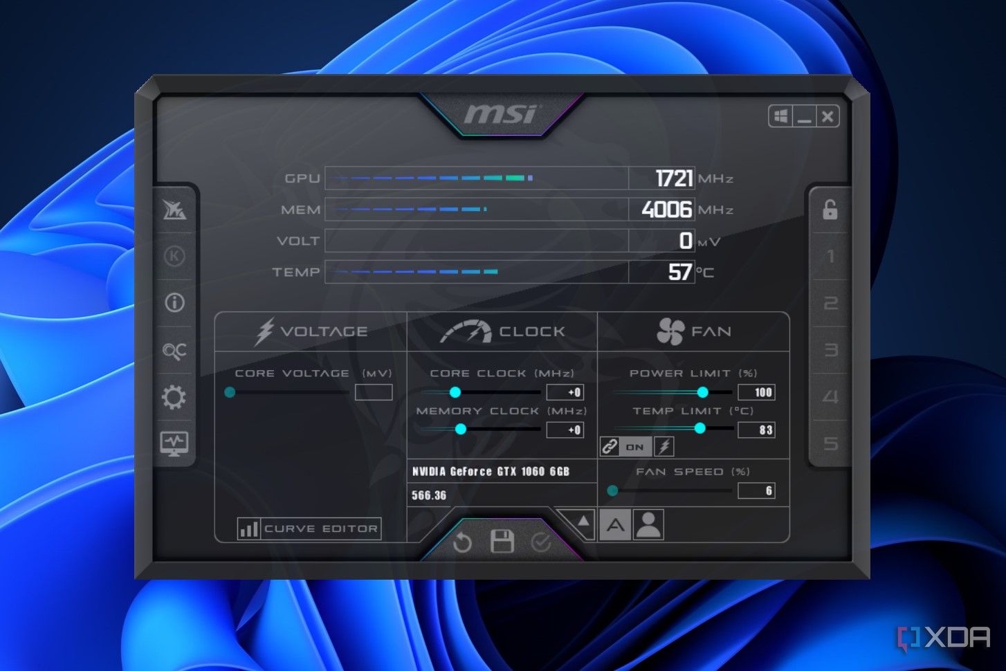 Menú principal MSI Afterburner