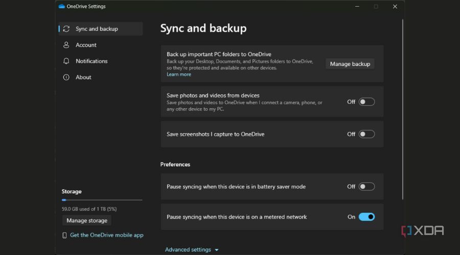 OneDrive settings user interface screenshot
