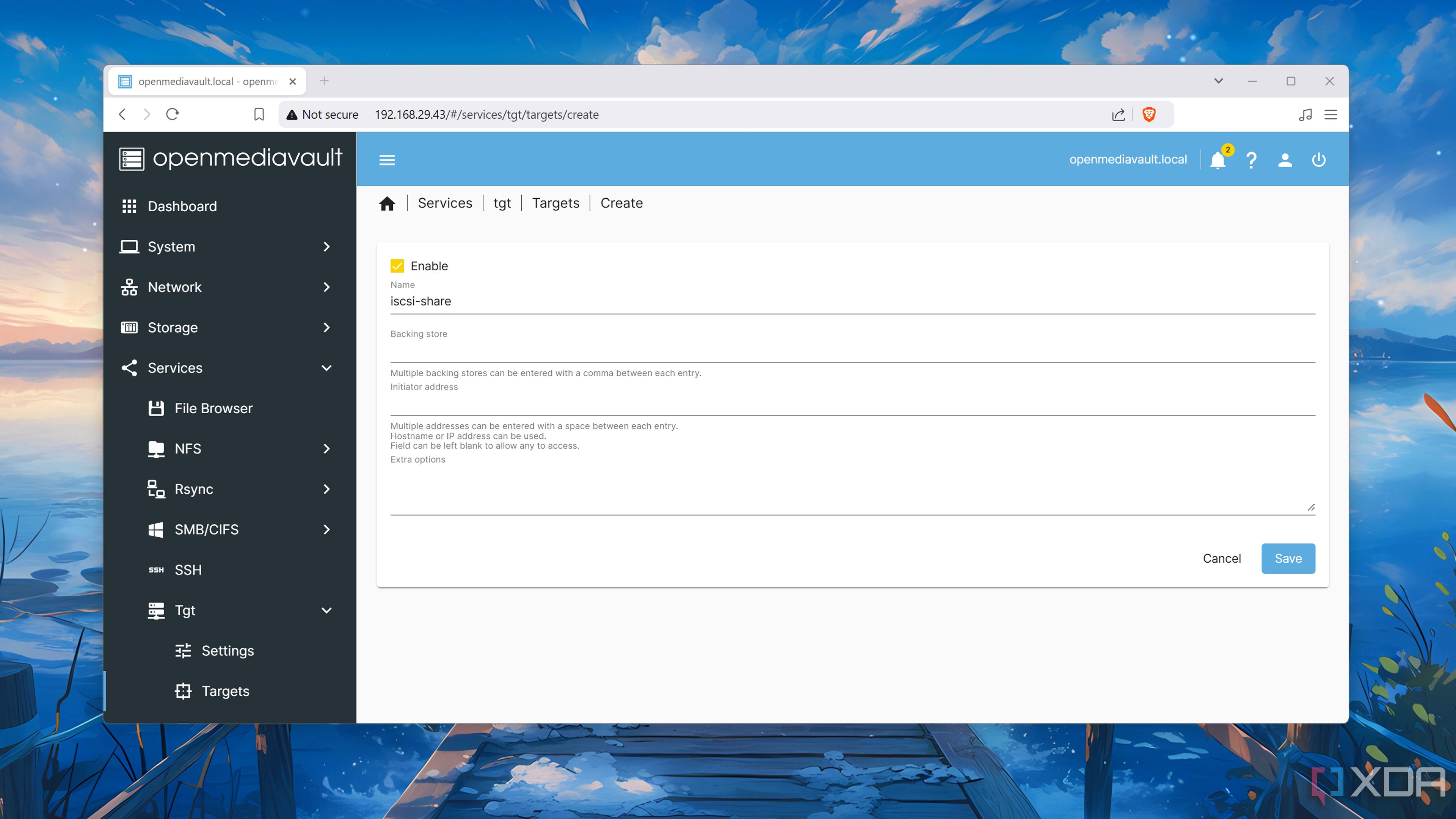 The Create tab in the openmediavault-tgt plugin inside OpenMediaVault