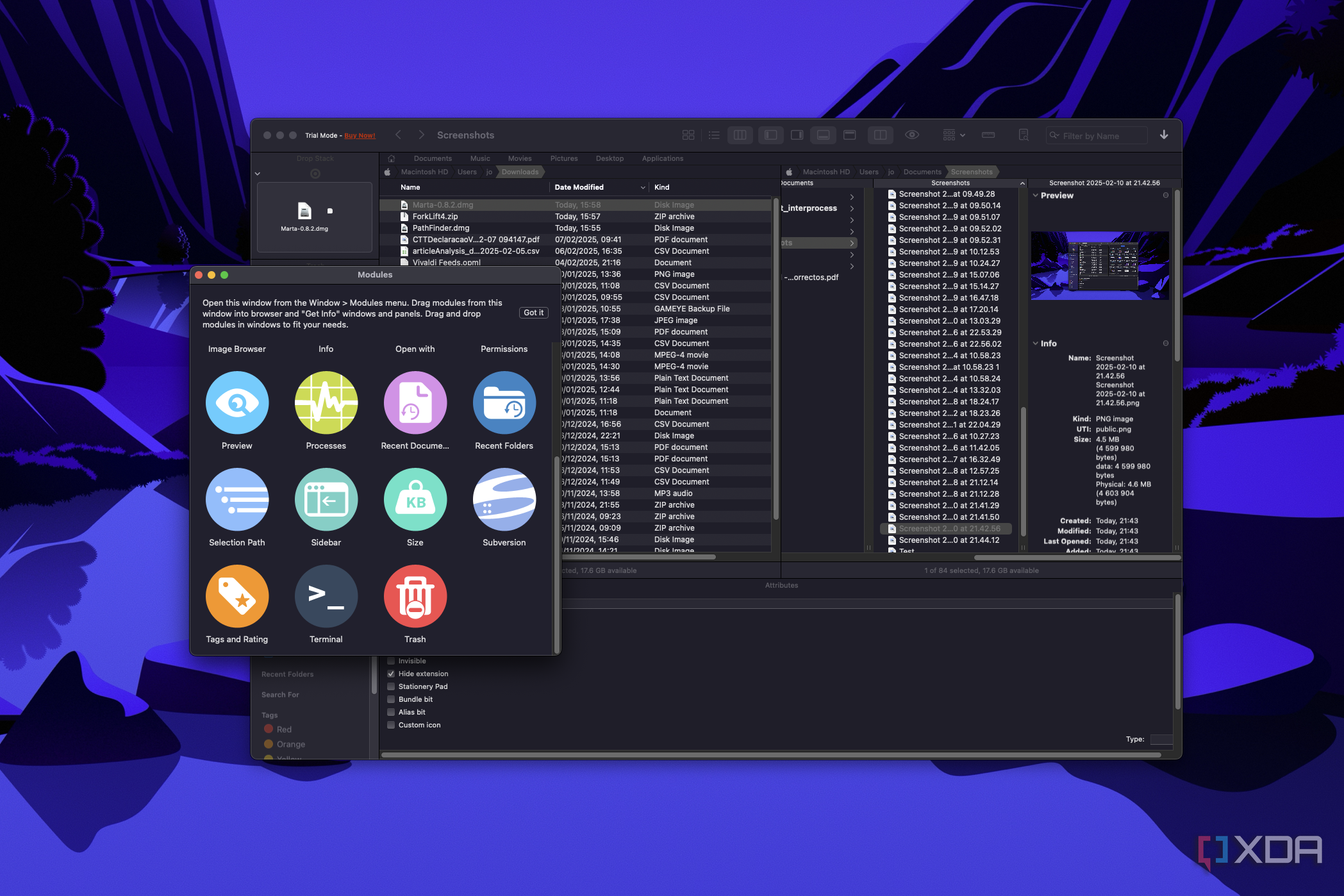 Screenshot of Path Finder in dual pane mode with the modules window open to show various modules available