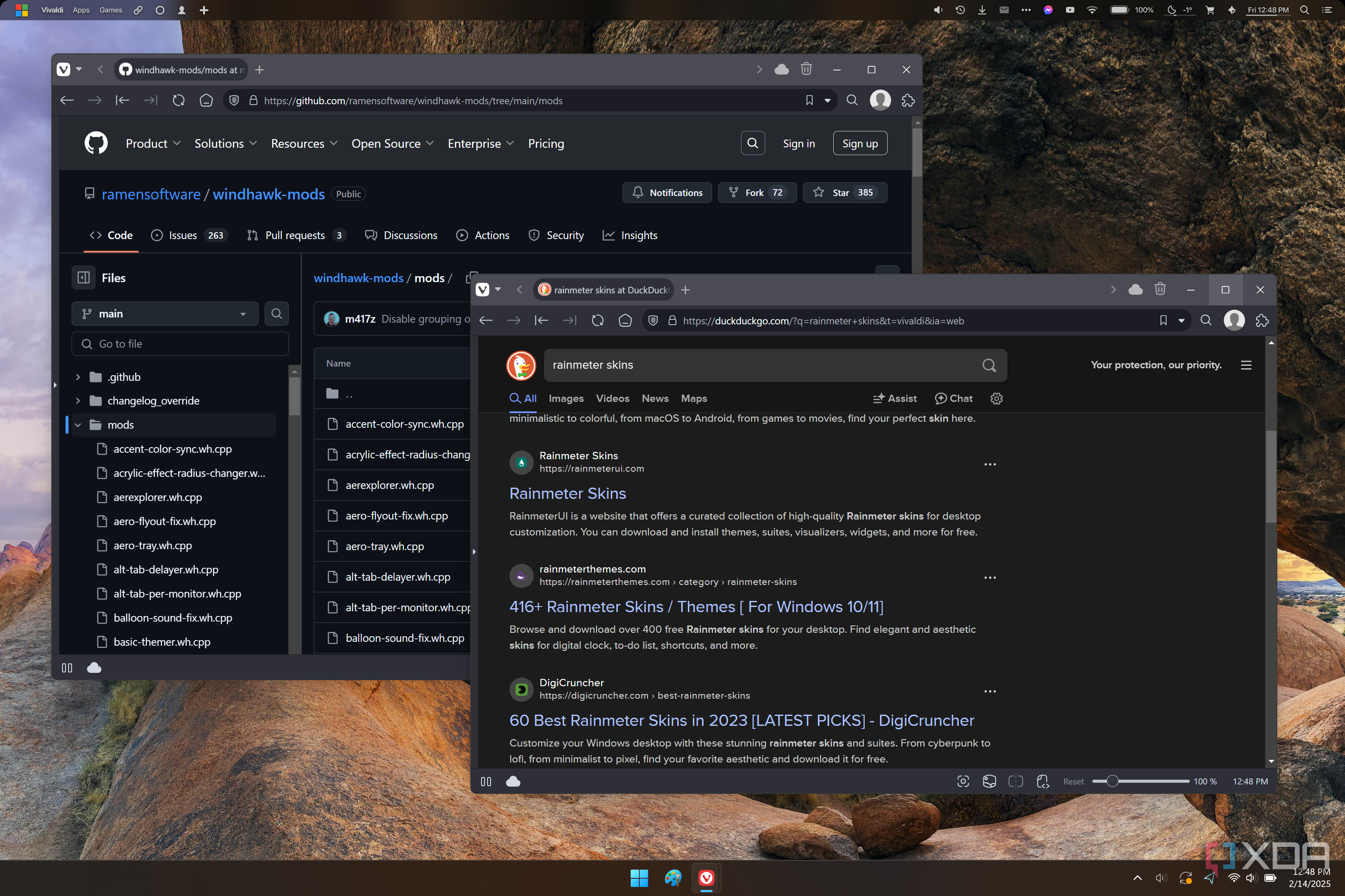 Screenshot of the GitHub page for Windhawk mods next to search results for Rainmeter skins