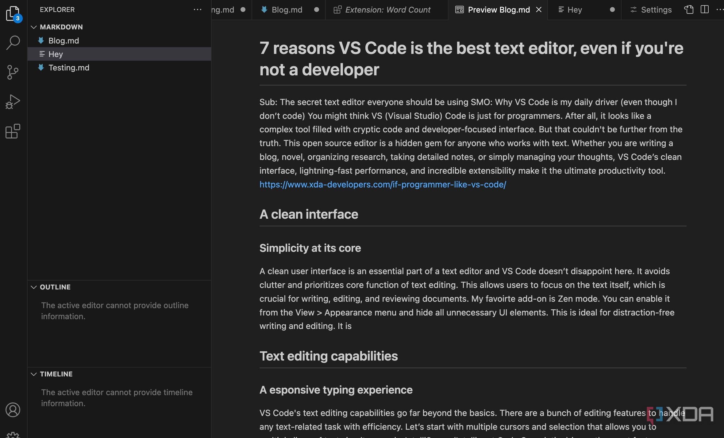 VS Code markdown support