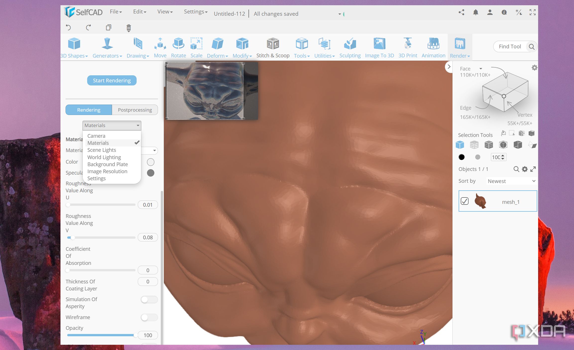 3D rendering and texturing features in SelfCAD