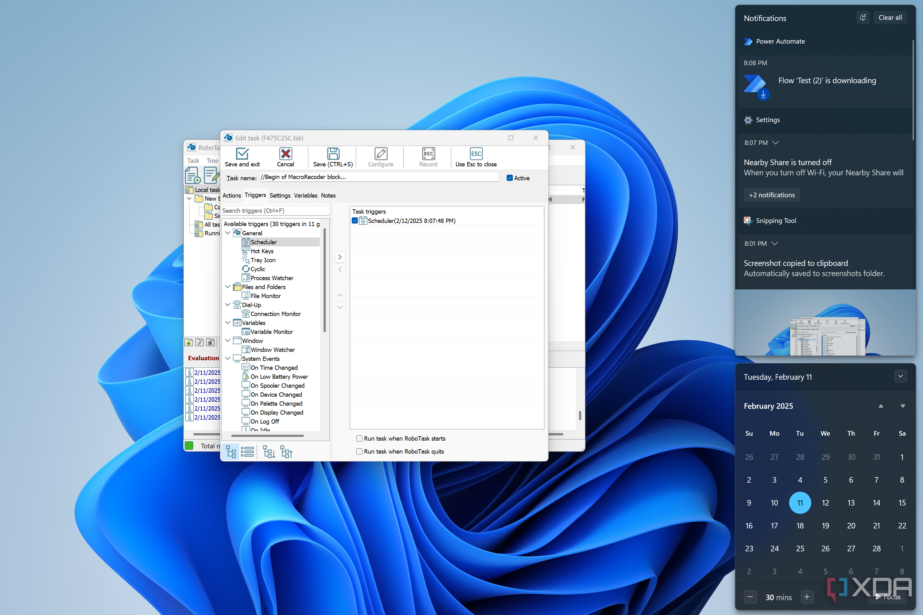 Screenshot of RoboTask showing a list of available triggers, with a Windows 11 notification showing that a Power Automate flow is attempting to download