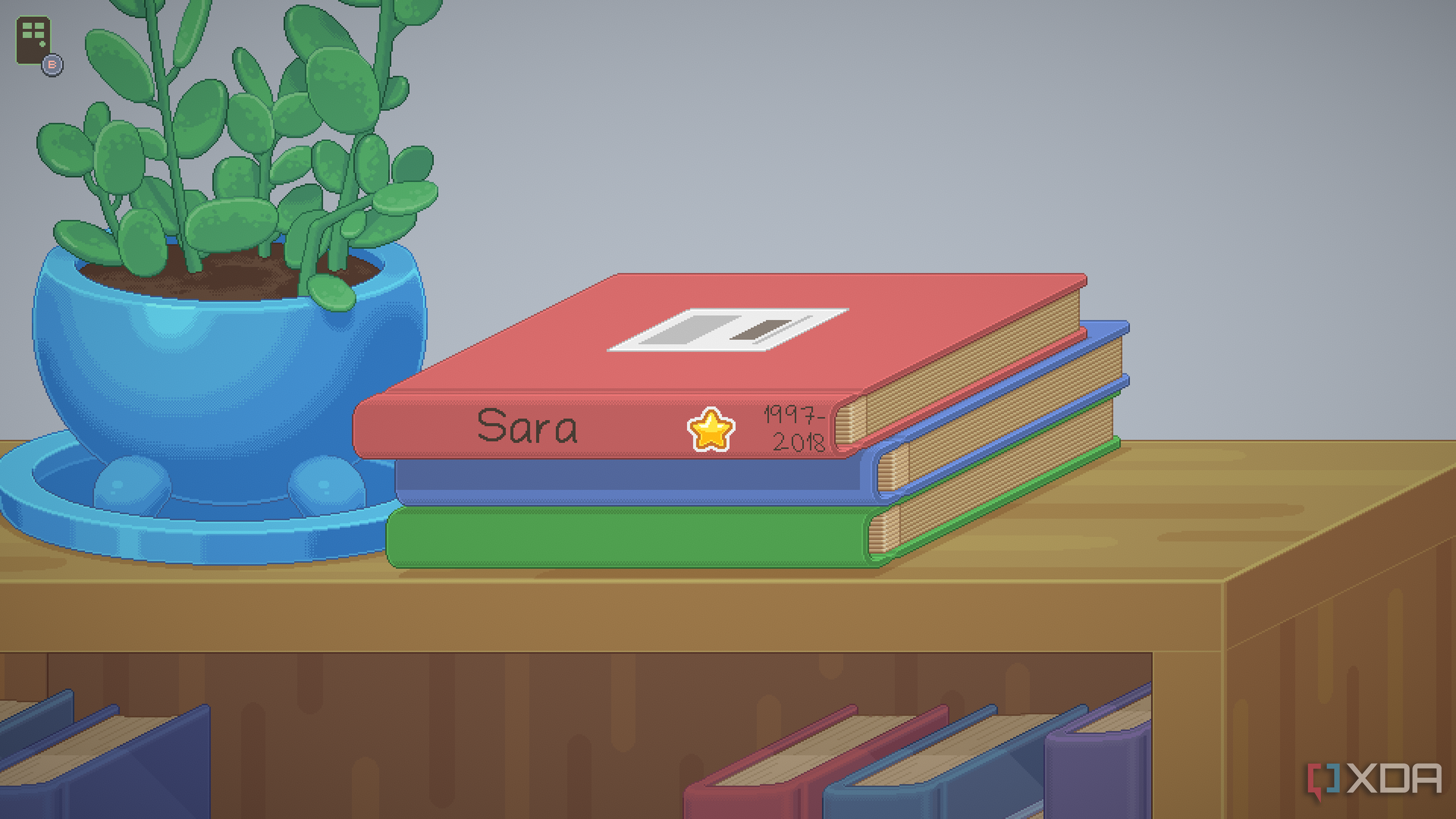 Libros apilados en un estante para desempacar