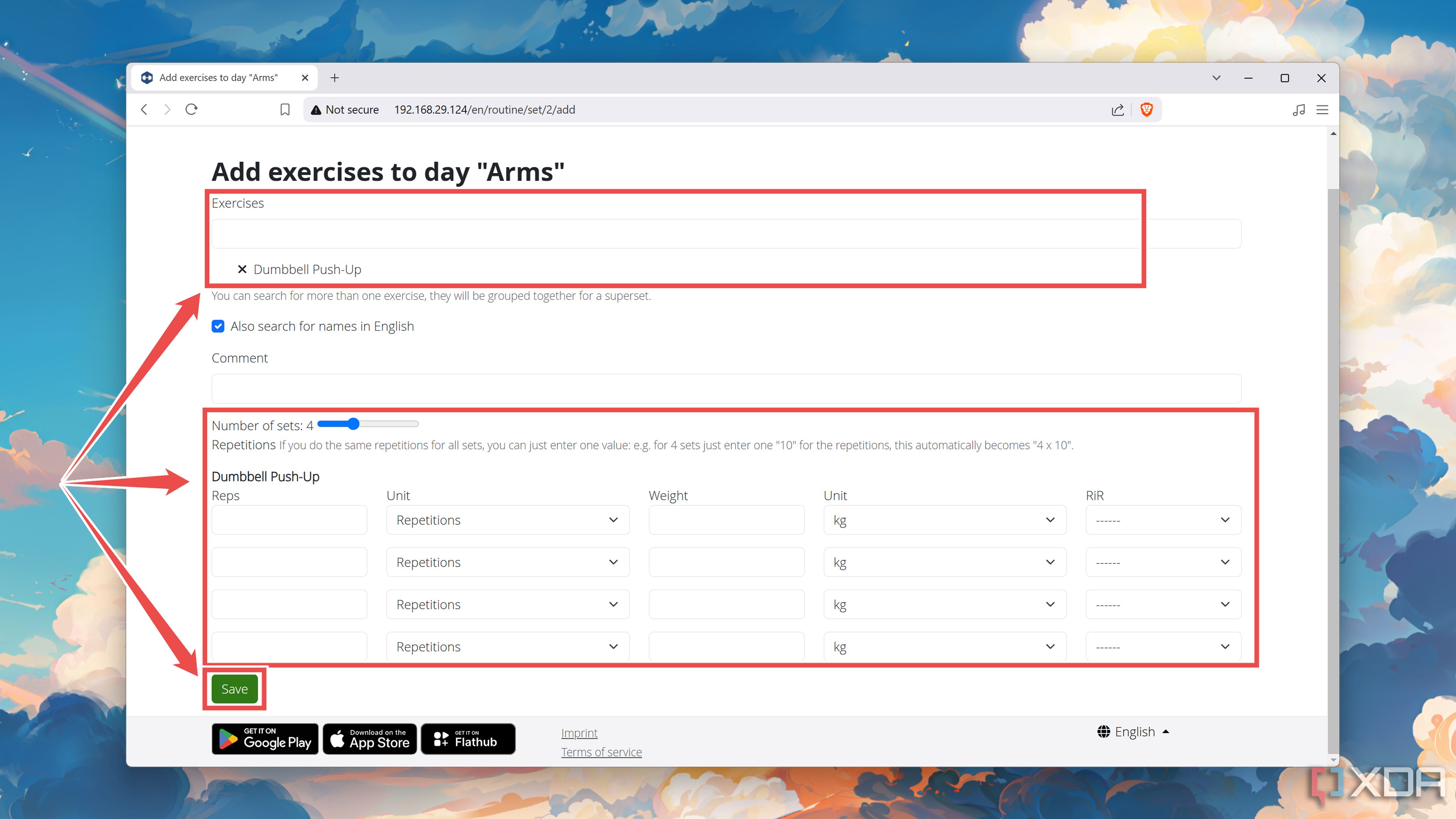 Configuring an exercise plan in the wger web UI