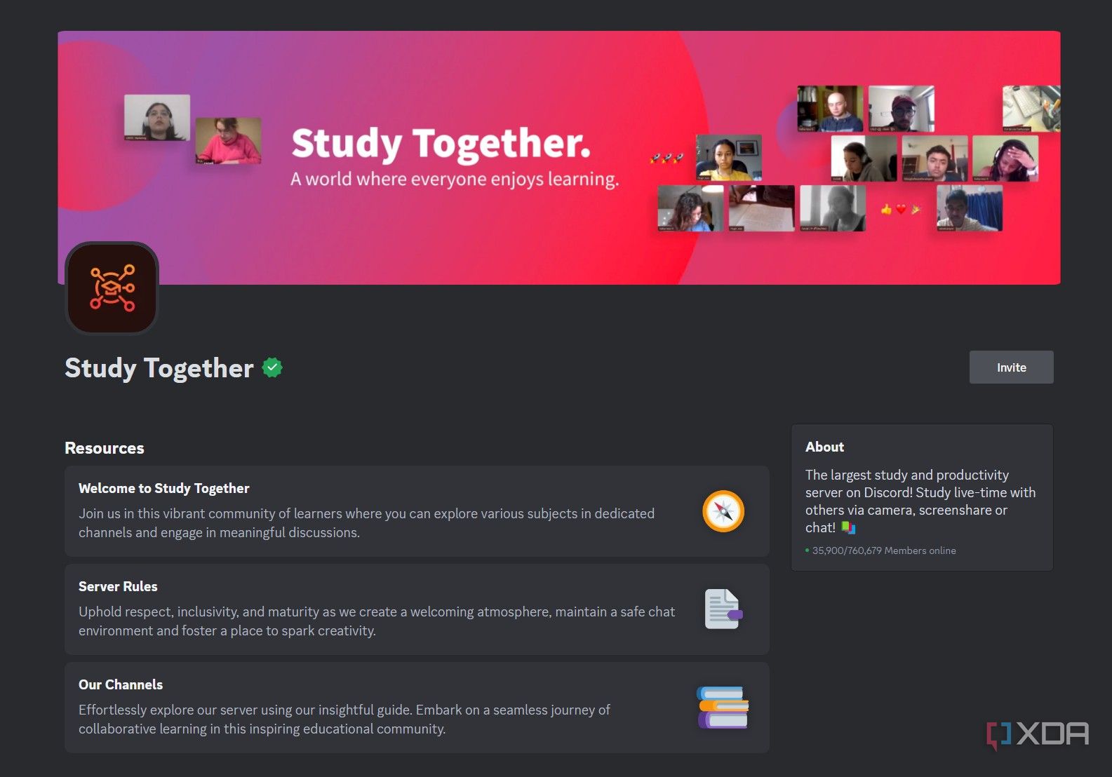 A screenshot of the study together discord server splash page.