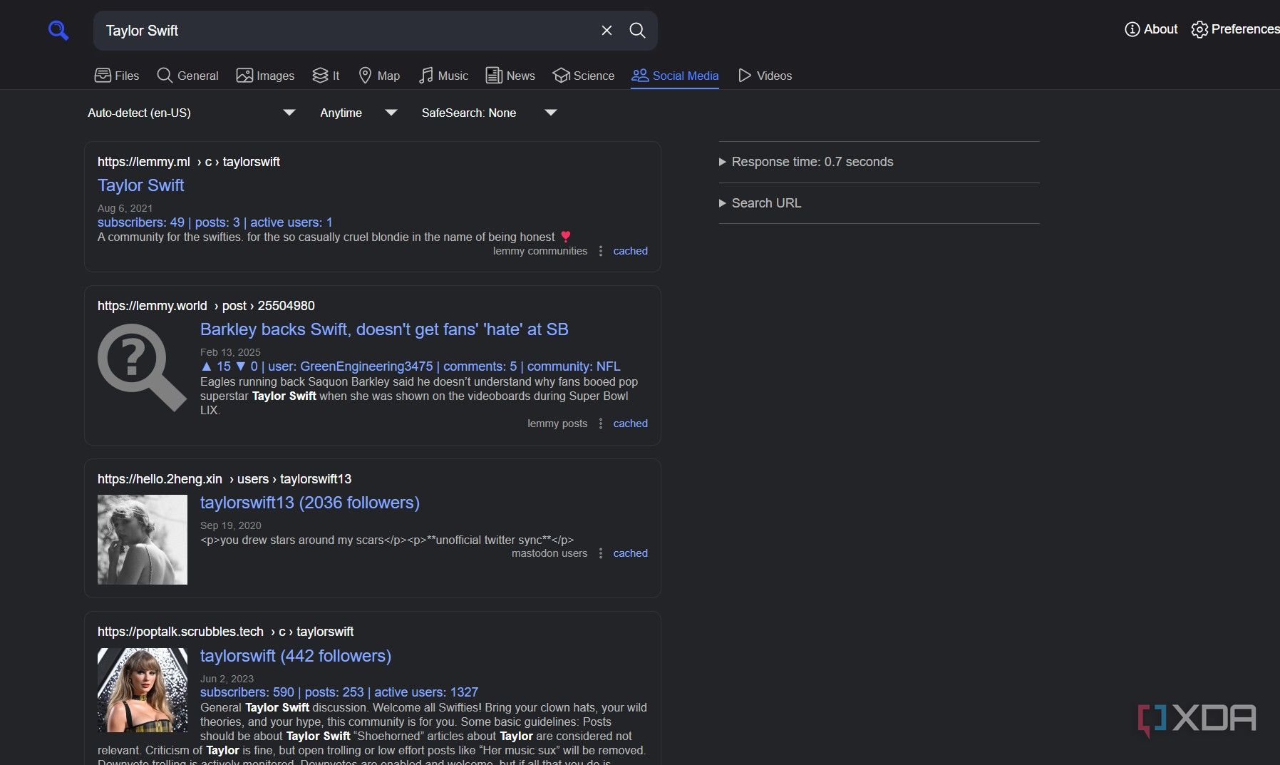 Una captura de pantalla de la búsqueda social de Searxng.
