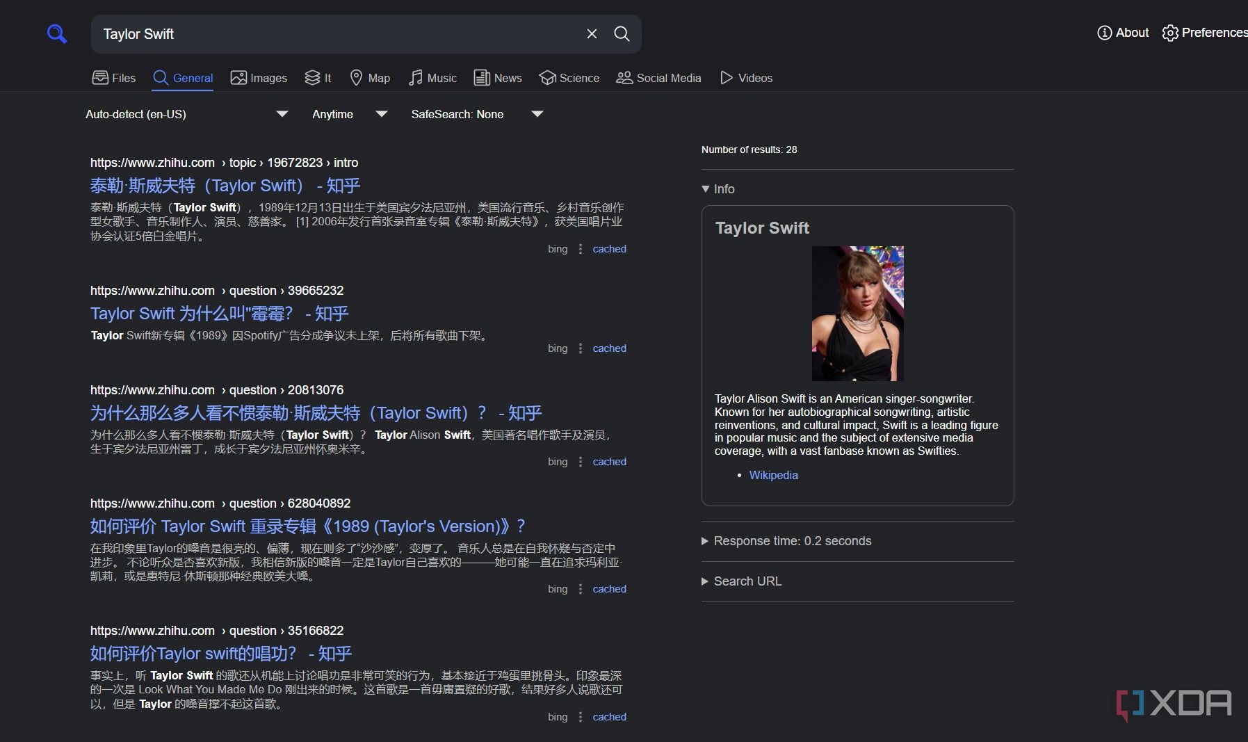 A screenshot of SearXNG's confusing search results.