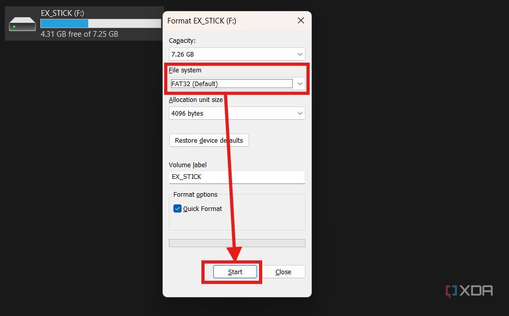 A screenshot of Window's FAT32 storage format options.
