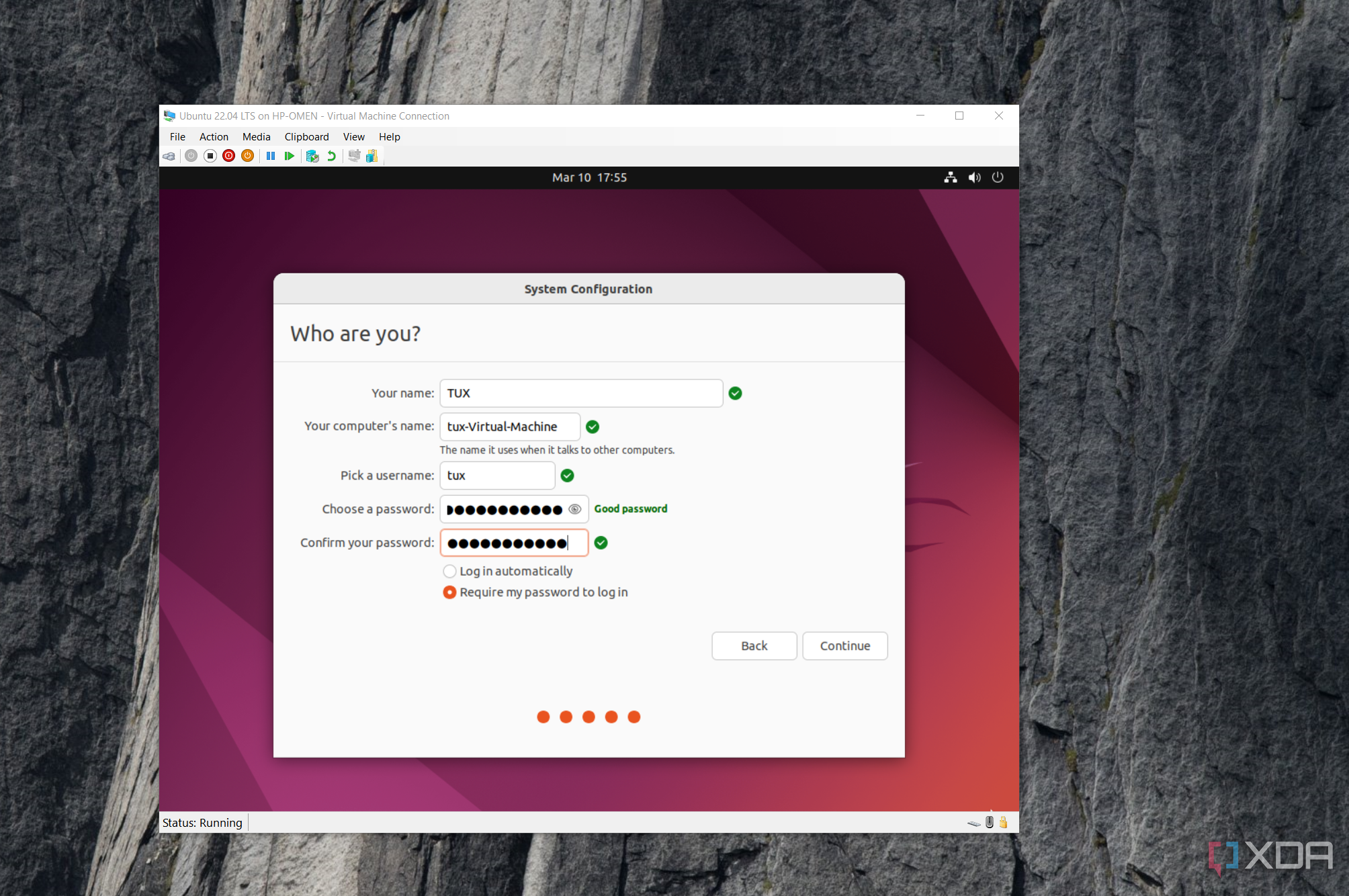 shows setting password for Ubuntu VM hyper-v