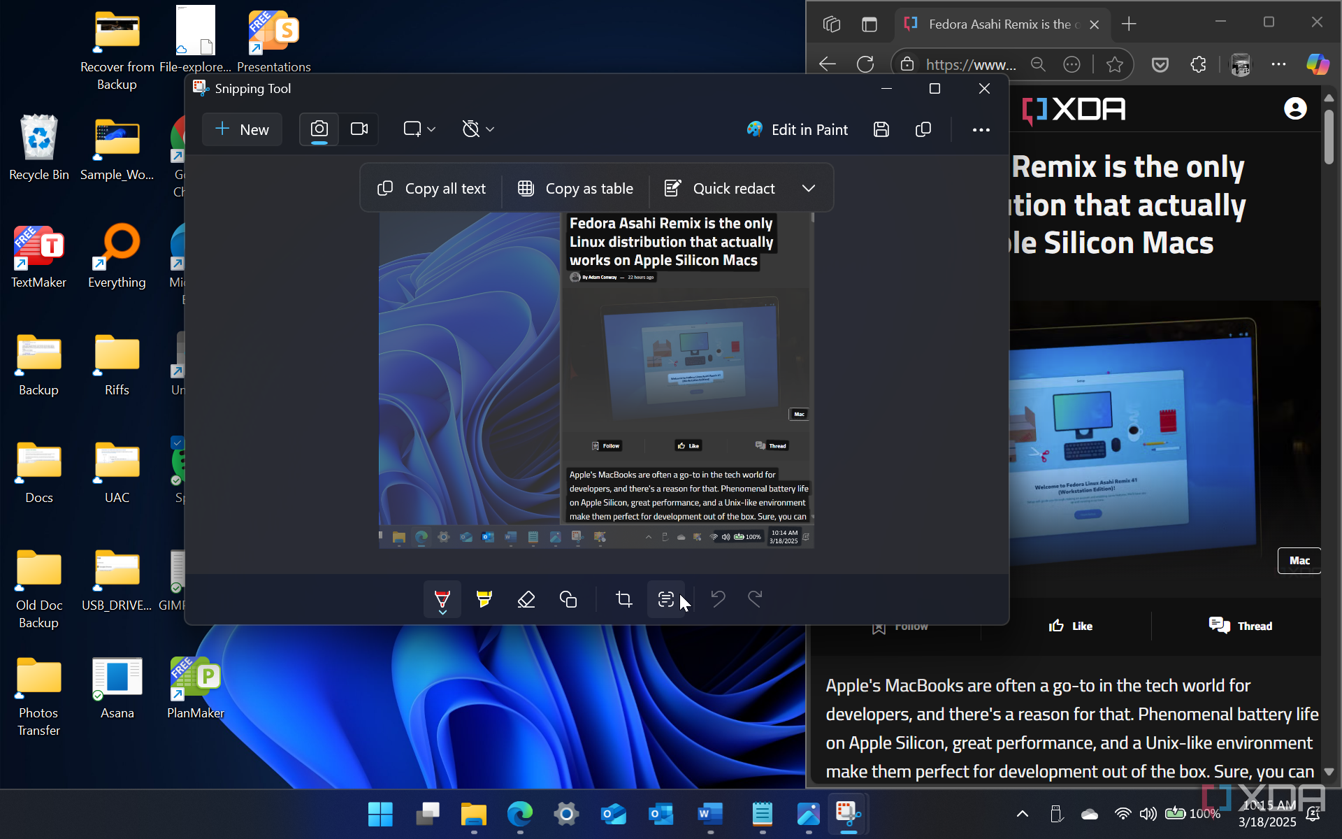 Shows OCR feature to extract text from image in Snipping Tool