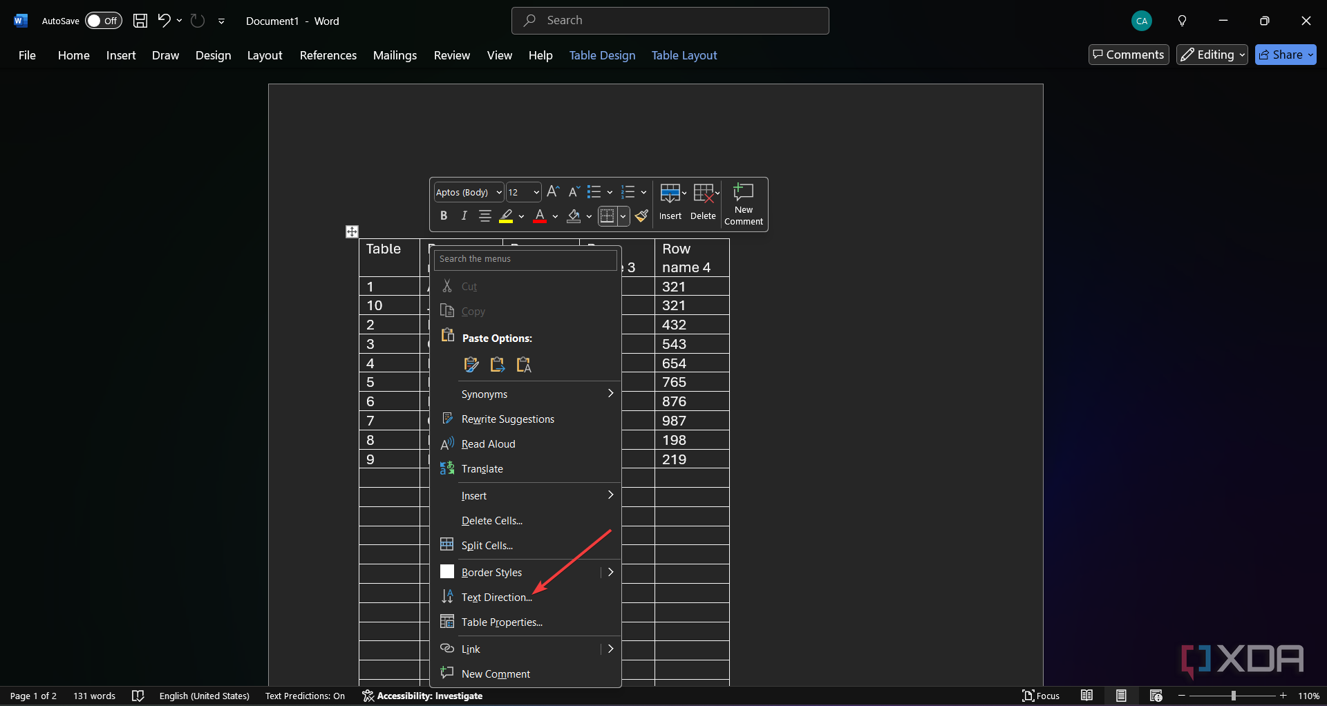 Showing the instructions to change the text direction in a Word table cell