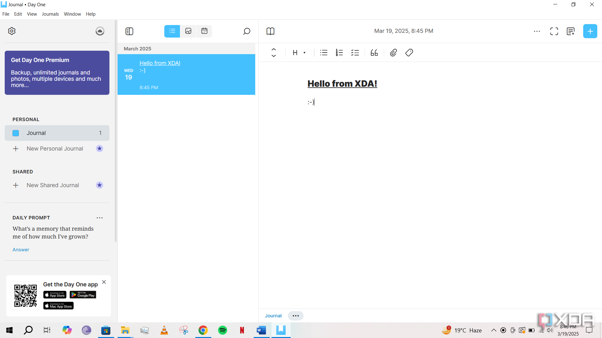 Day One app running on Windows