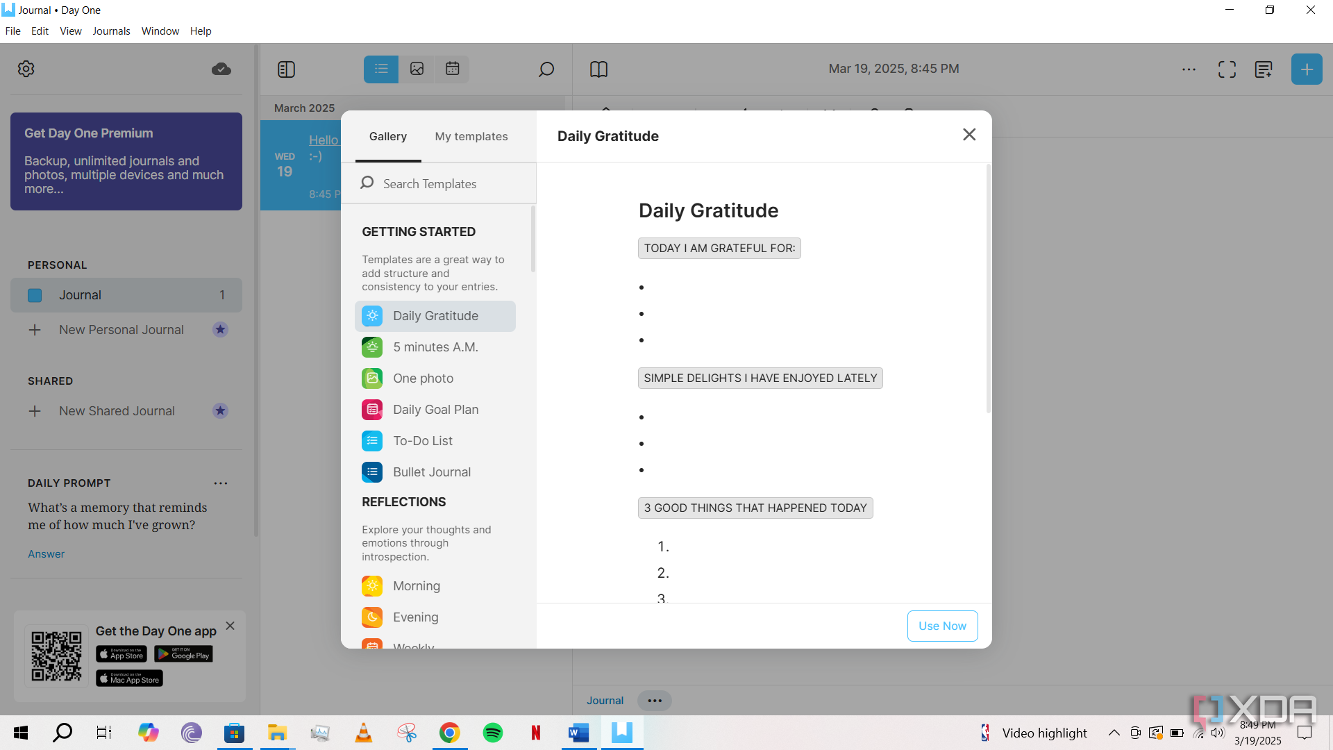 The Day One app running on Windows