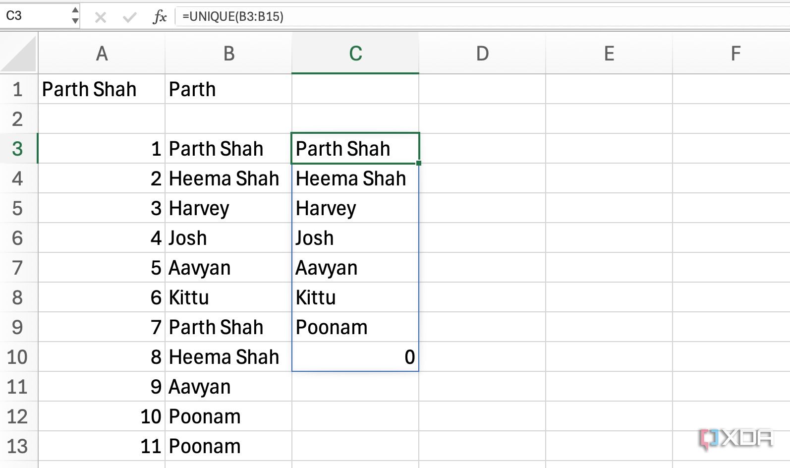UNIQUE function in Excel
