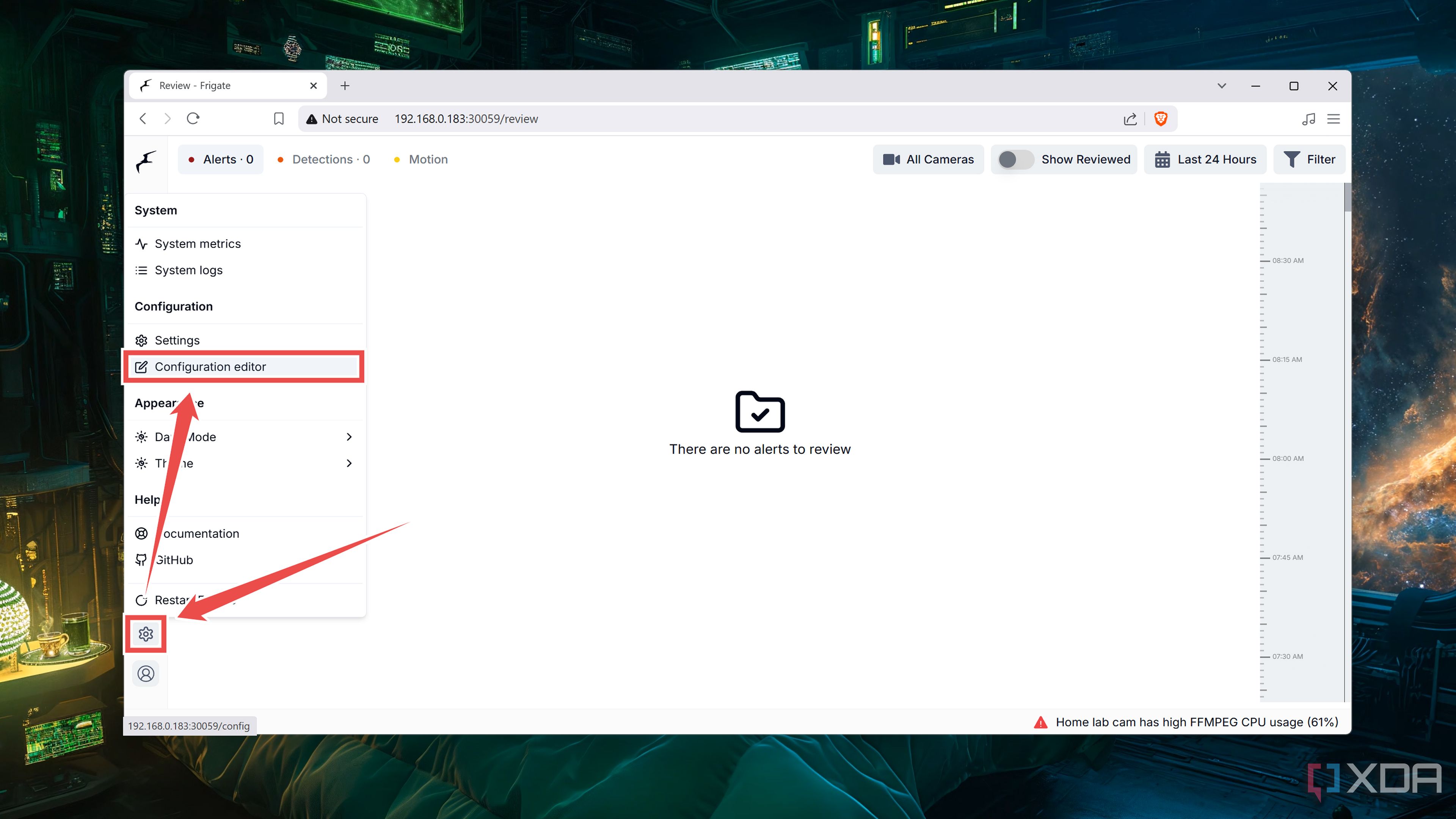Choosing the Configuration Editor inside the Frigate UI